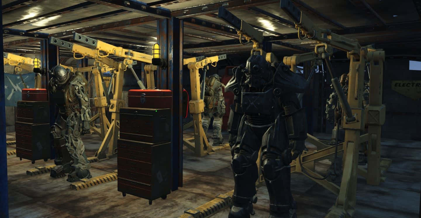 Fallout 4 Power Armor, glowing yellow lights, gritty workshop, HD Desktop Wallpaper