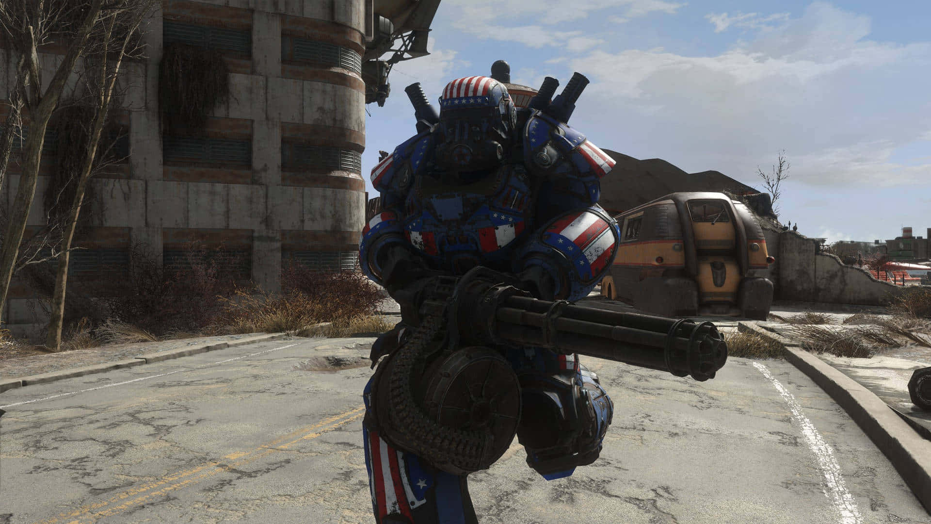Fallout 4 Power Armor, patriotic gear, minigun, Full HD Desktop Wallpaper