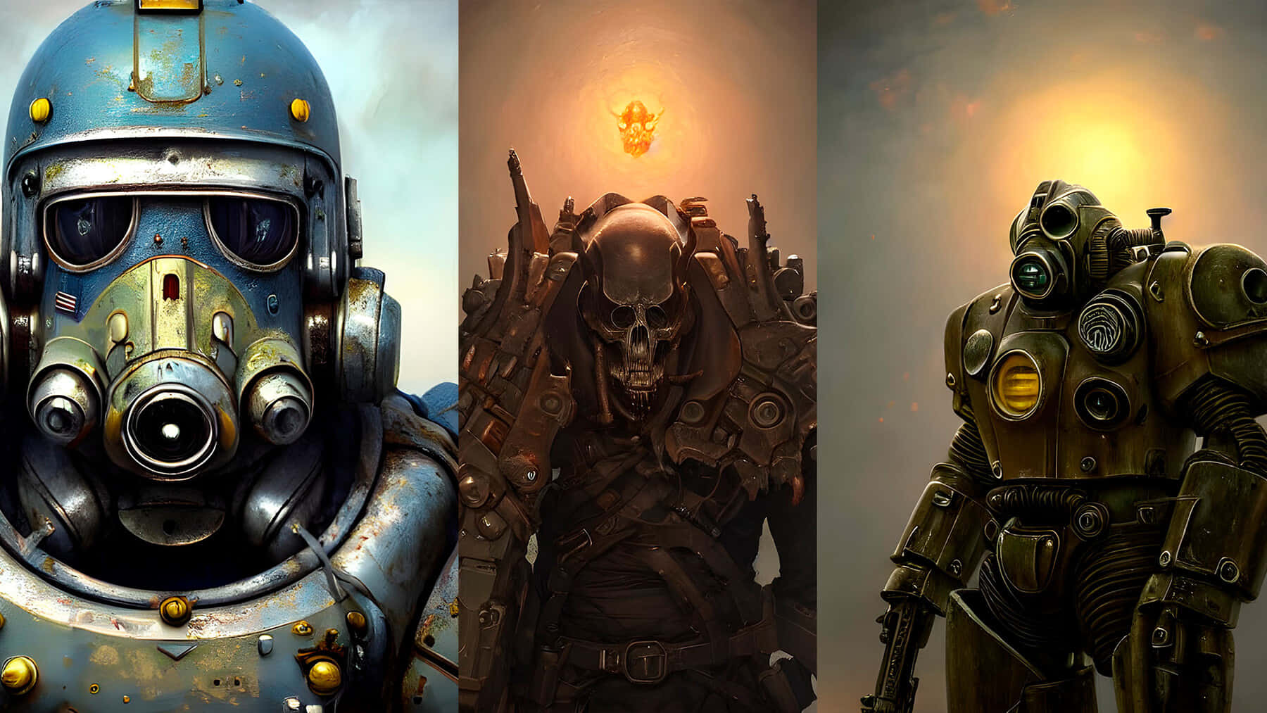 Fallout 4 Power Armor, dystopian gear, glowing suns, HD Desktop Wallpaper