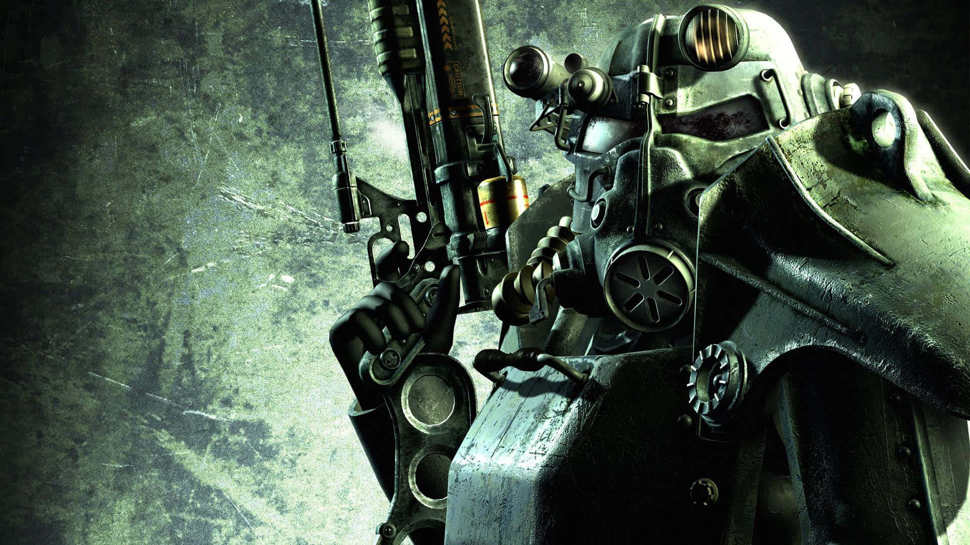 Fallout 4 Power Armor, futuristic rifle, cracked concrete backdrop, Full HD Desktop Wallpaper