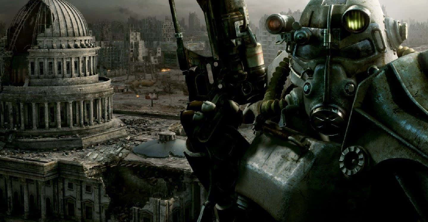 Fallout 4 Power Armor, ruined cityscape, domed building, HD Desktop Wallpaper