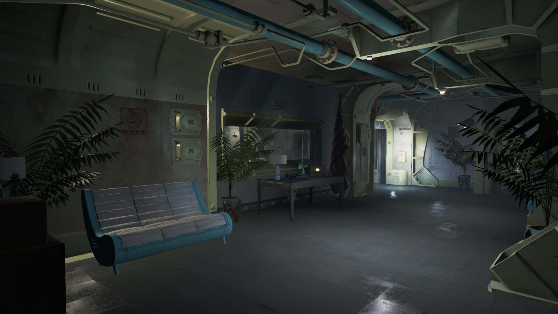 Fallout 4 Vault, blue couch, exposed pipes, Full HD Desktop Wallpaper