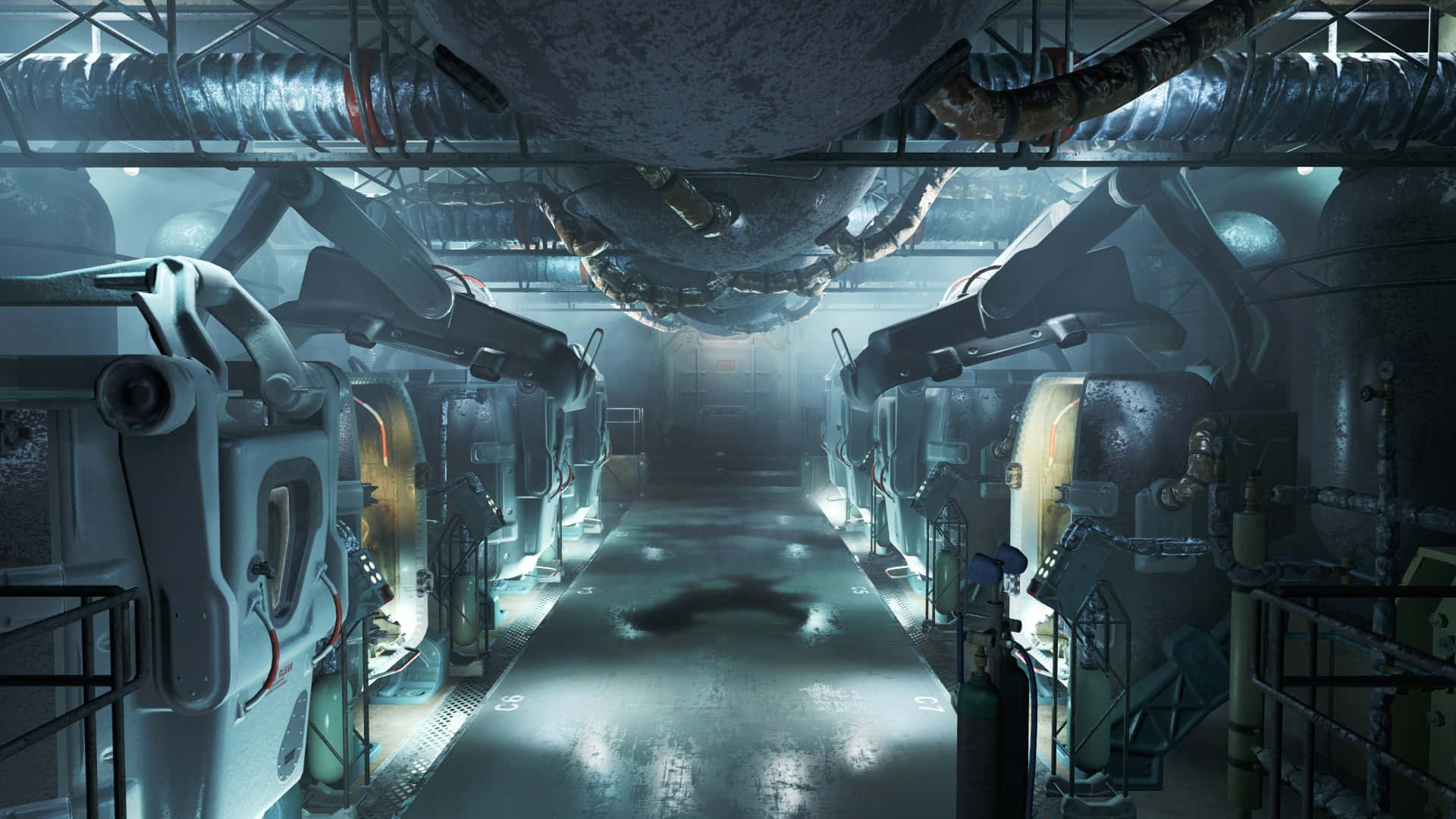Fallout 4 Vault, industrial corridor, robotic arms, Full HD Desktop Wallpaper