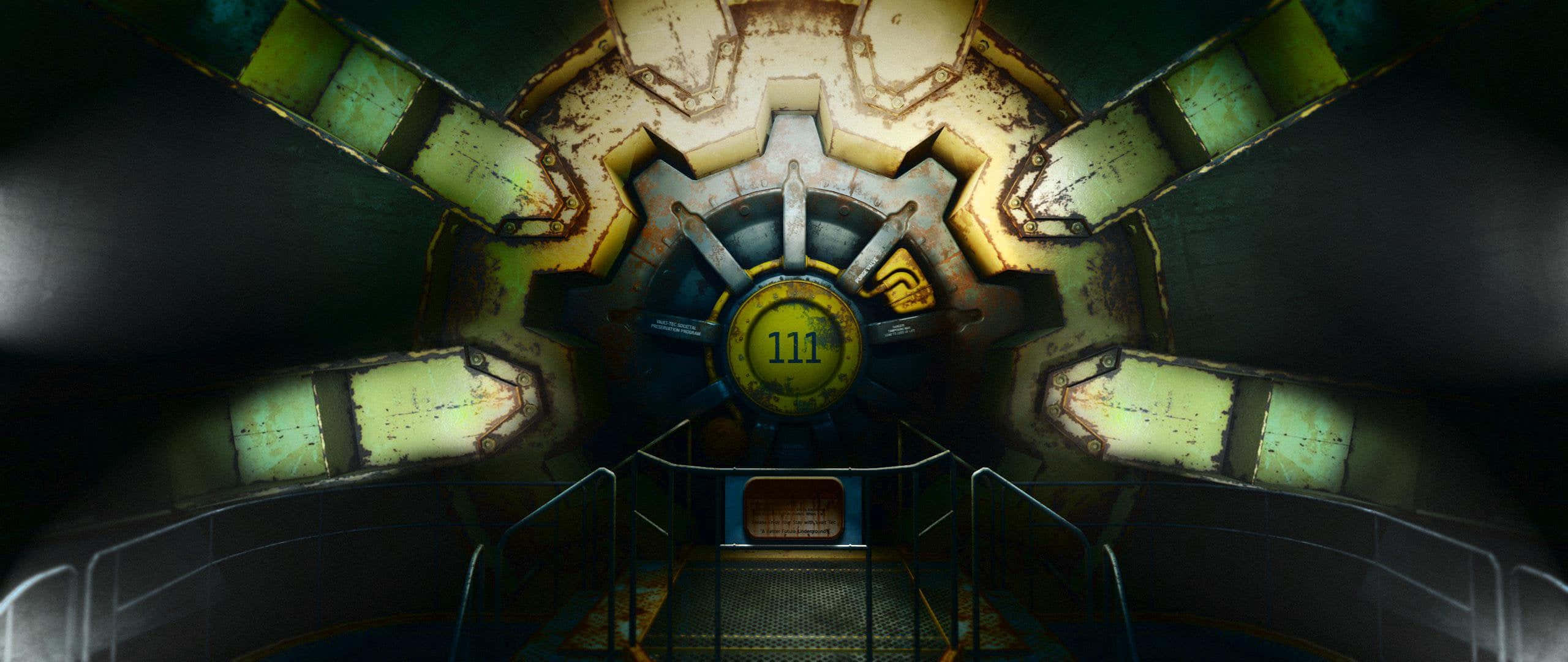 Fallout 4 Vault, rusted industrial control room, central gear mechanism, 2K Desktop Wallpaper