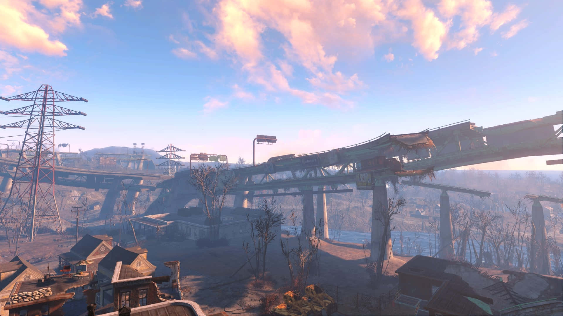 Fallout 4 Wasteland, elevated train tracks, skeletal trees, Full HD Desktop Wallpaper