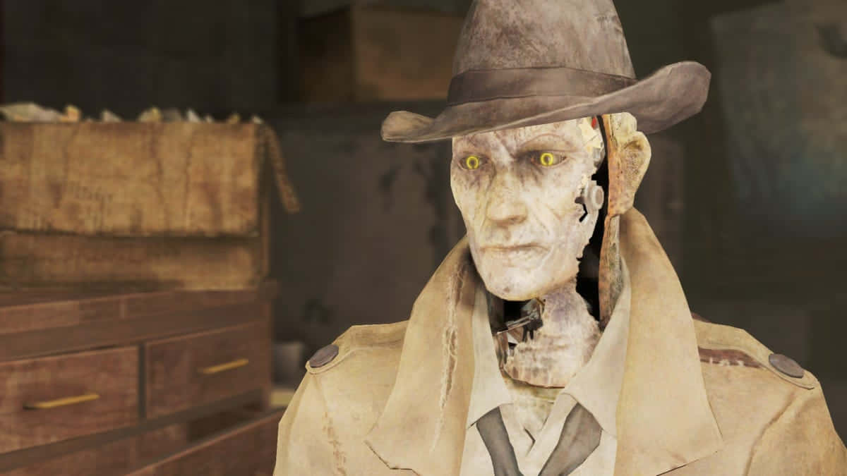Fallout, grim reaper-like figure, glowing yellow eyes, SD Desktop Wallpaper
