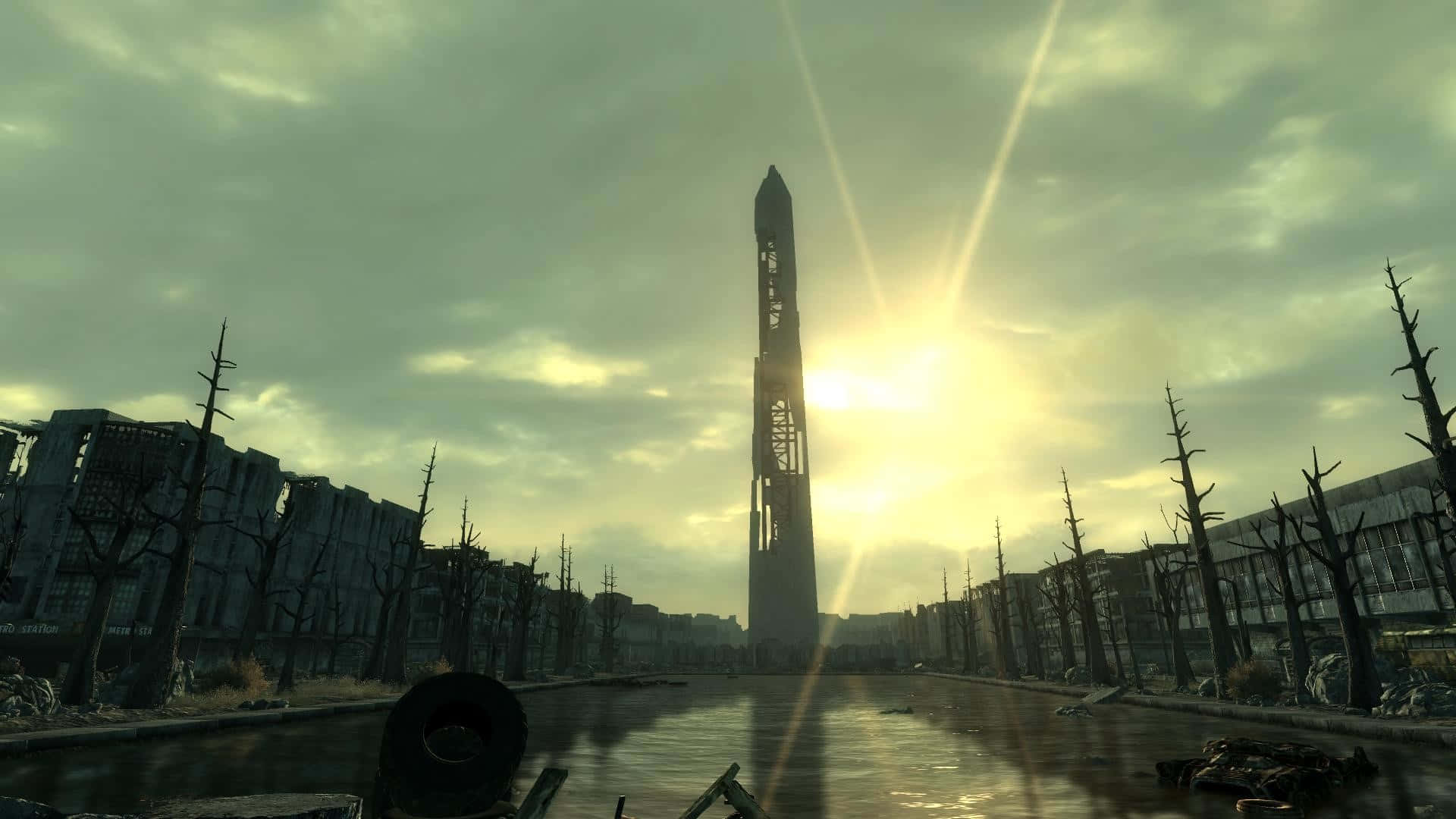 Fallout 4 Wasteland, towering monolith, ruined buildings, Full HD Desktop Wallpaper