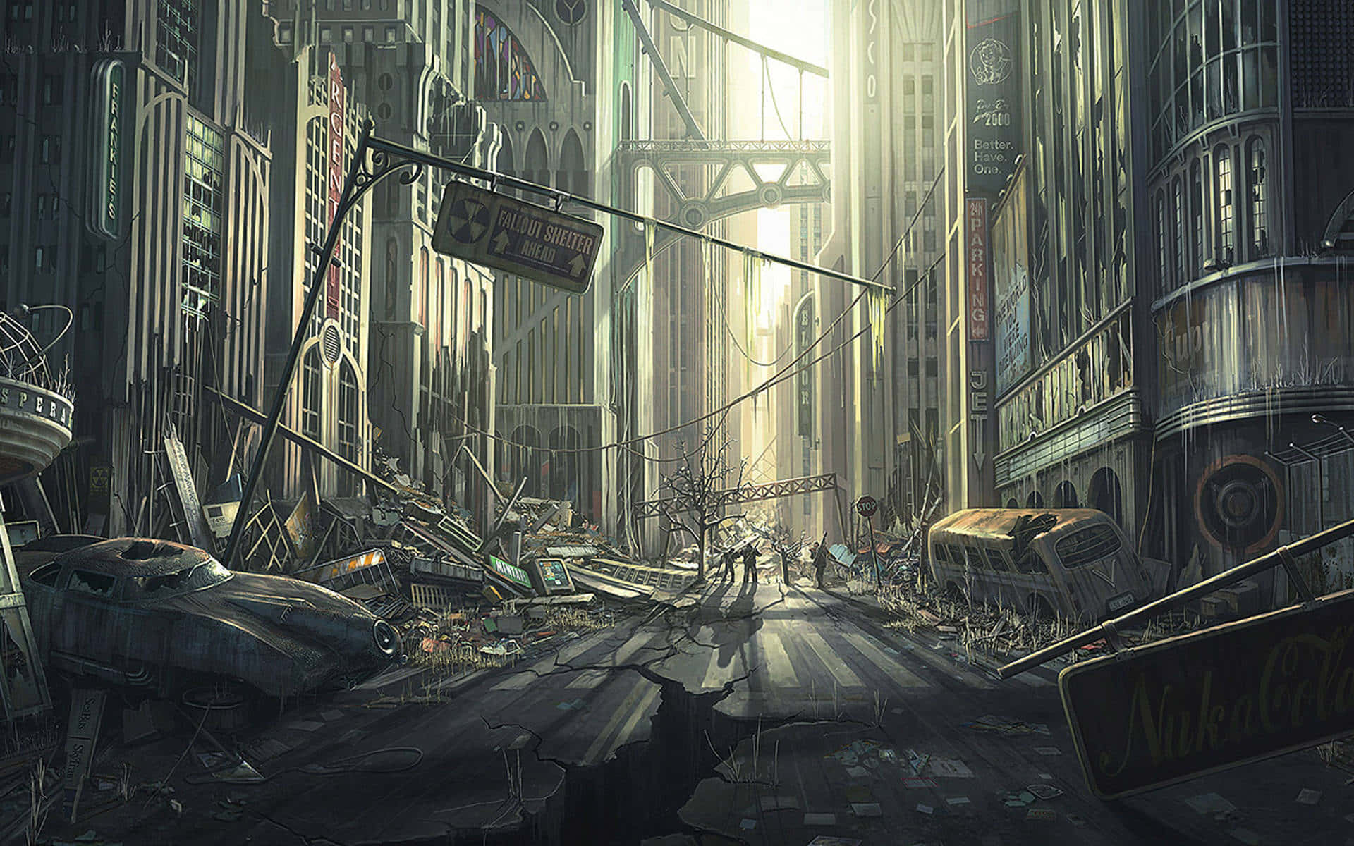 Fallout 4 Wasteland, sunlit, ruined futuristic city street, Full HD Desktop Wallpaper
