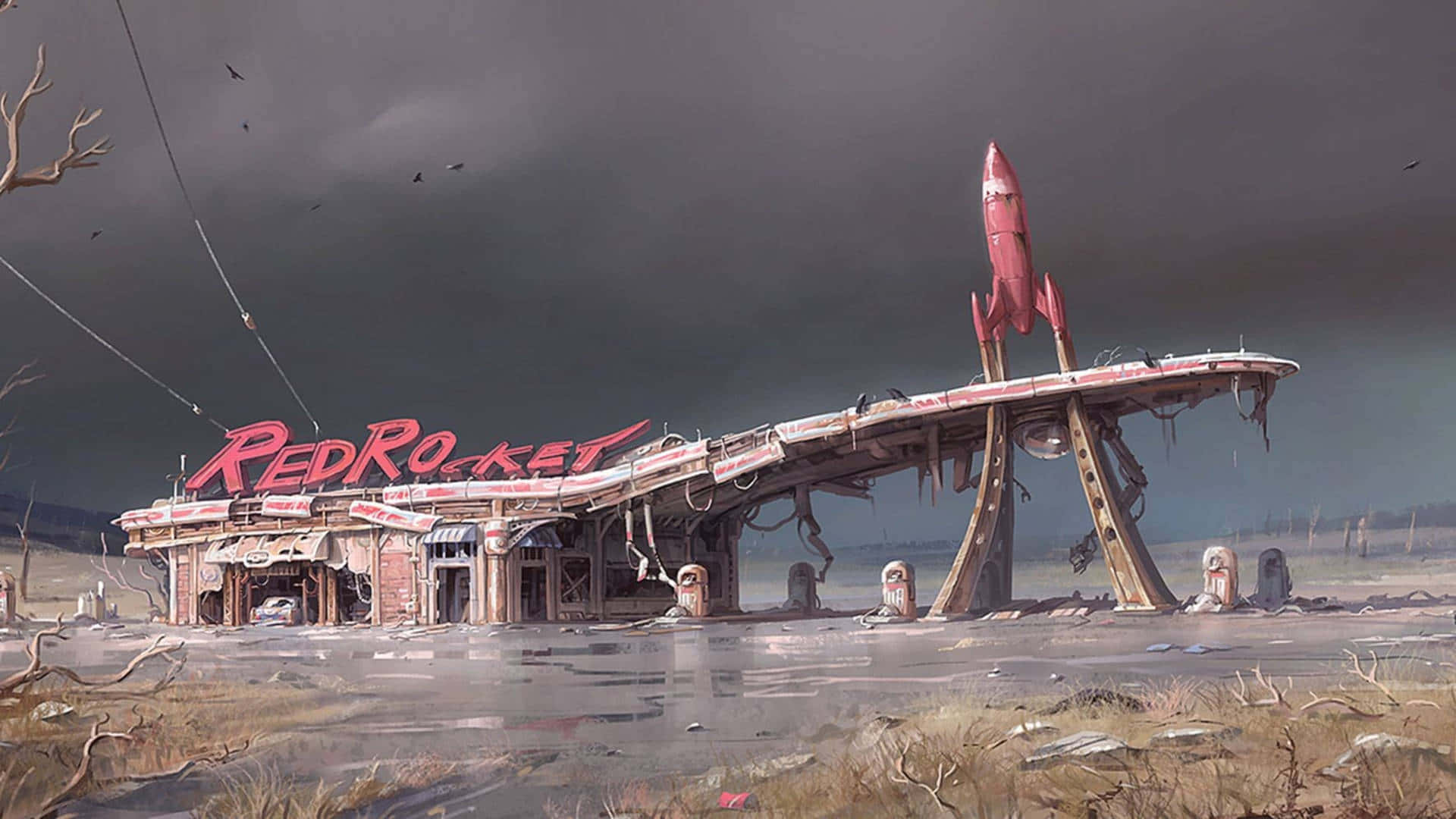 Fallout 4 Wasteland, red rocket gas station, stormy sky, Full HD Desktop Wallpaper