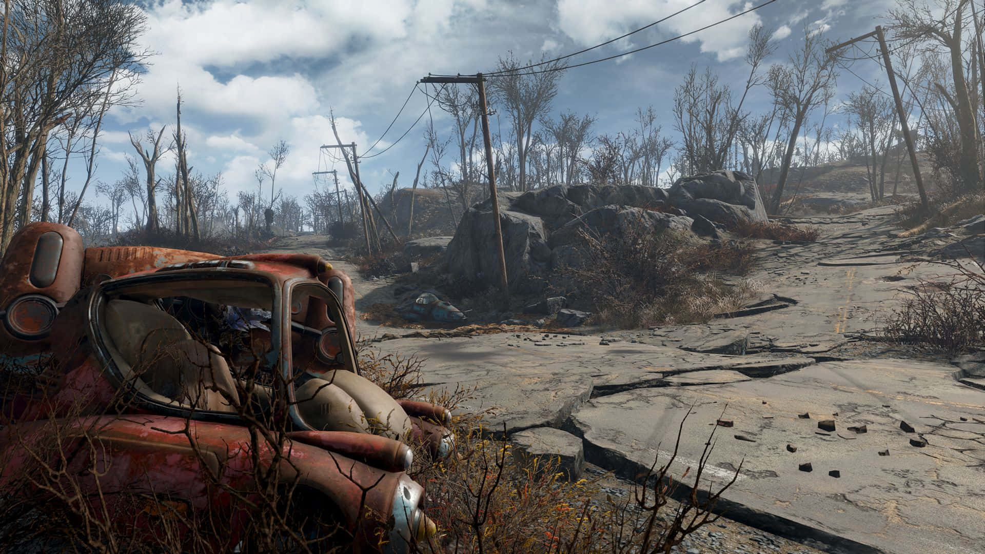 Fallout 4 Wasteland, rusted red car, cracked road, Full HD Desktop Wallpaper