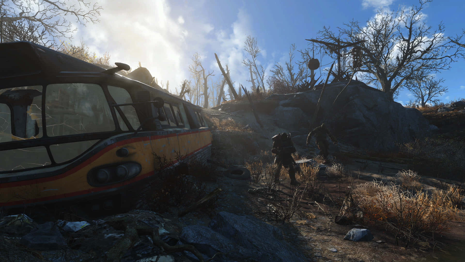 Fallout 4 Wasteland, rusted yellow bus, barren trees, Full HD Desktop Wallpaper