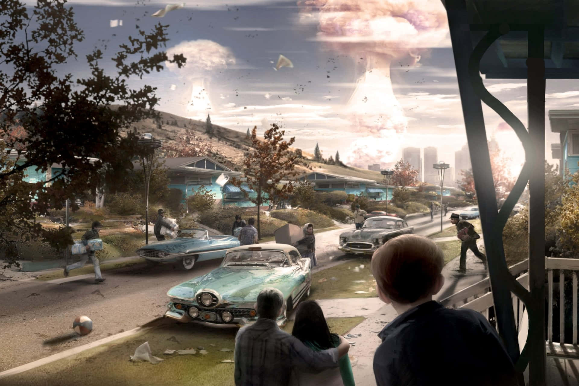 Fallout, nuke explosion, suburban street, Full HD Desktop Wallpaper