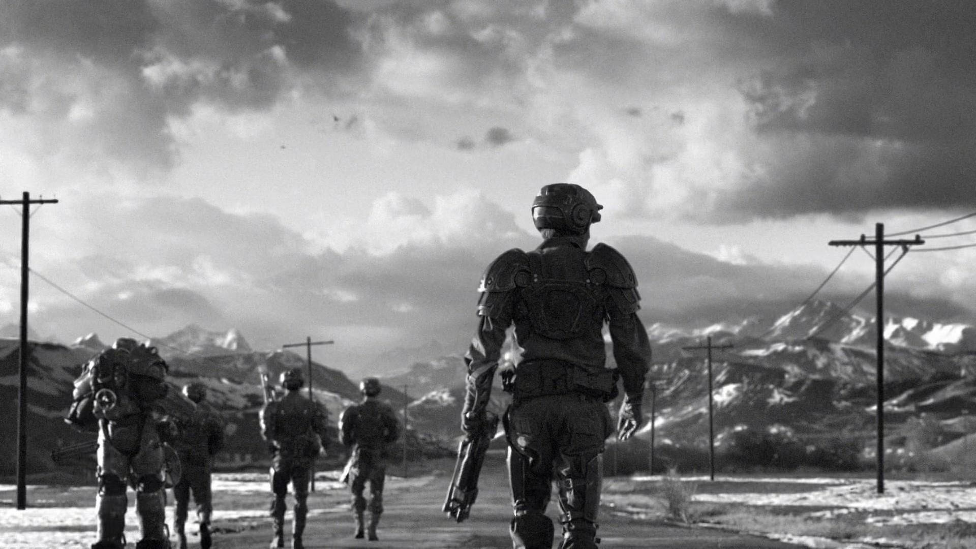 Fallout 4, black and white, soldiers in heavy armor, Full HD Desktop Wallpaper