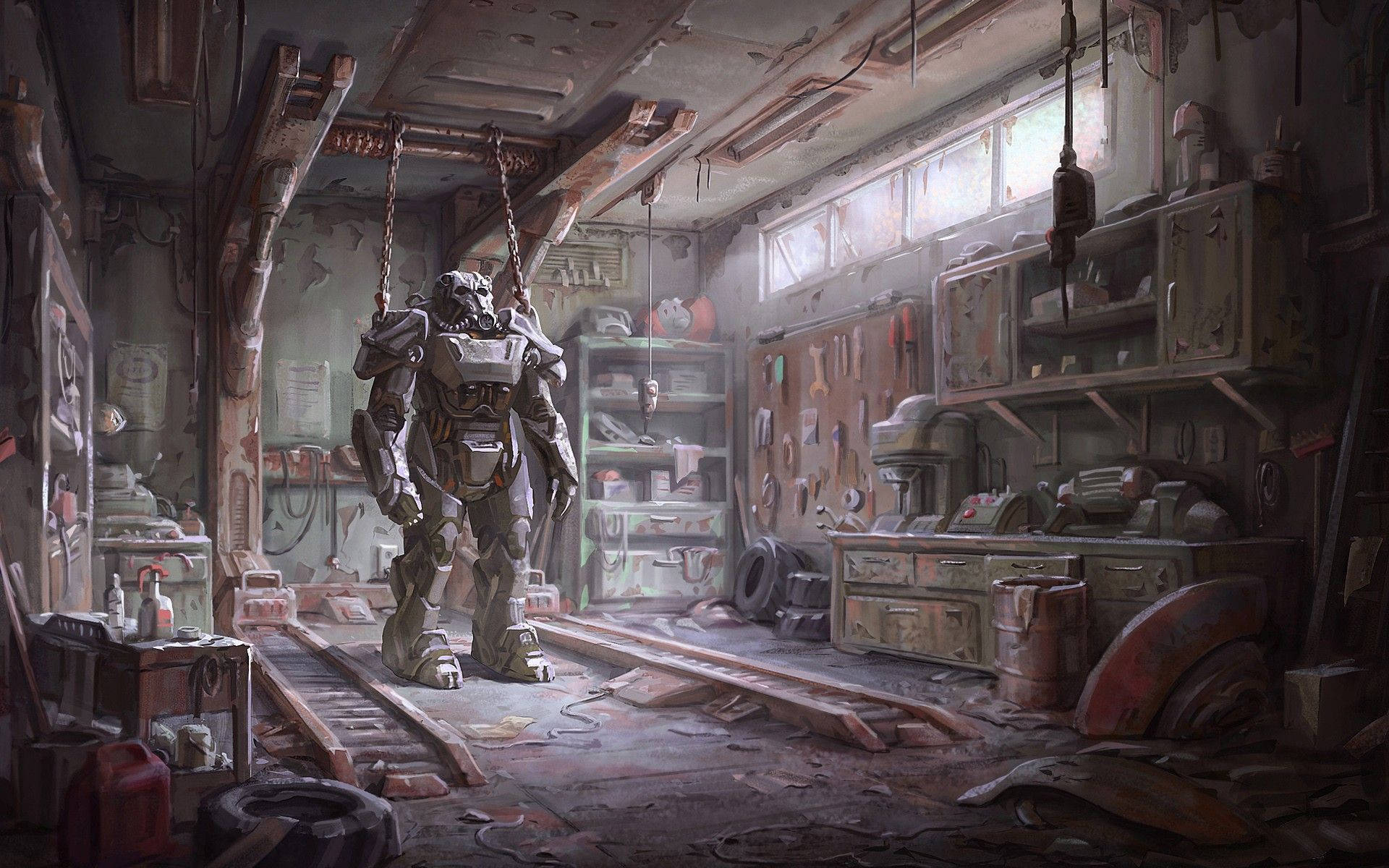 Fallout 4, garage, chained power armor, Full HD Desktop Wallpaper