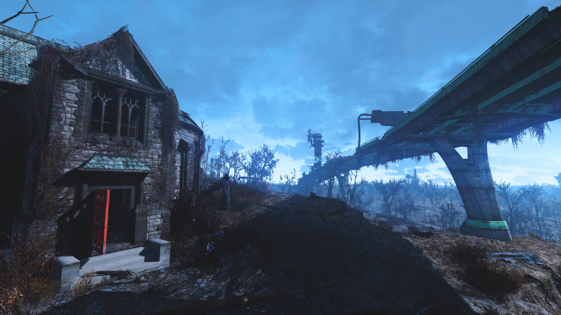 Fallout 4, glowing red door, dilapidated stone house, Full HD Desktop Wallpaper