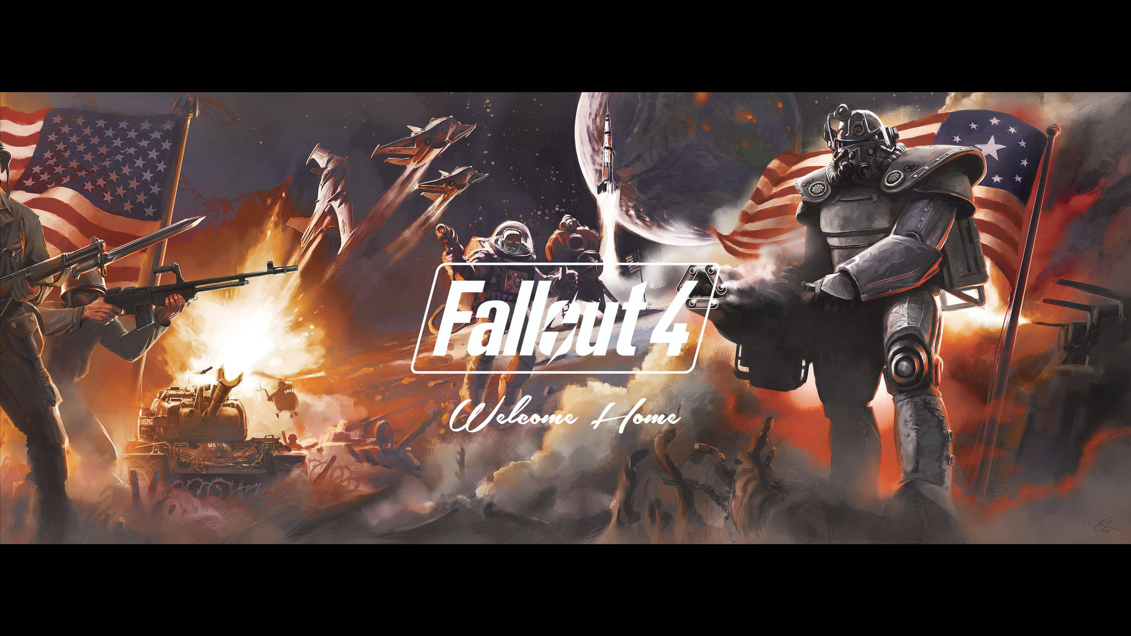 Fallout 4, power armor, American flags, 4K Desktop Wallpaper