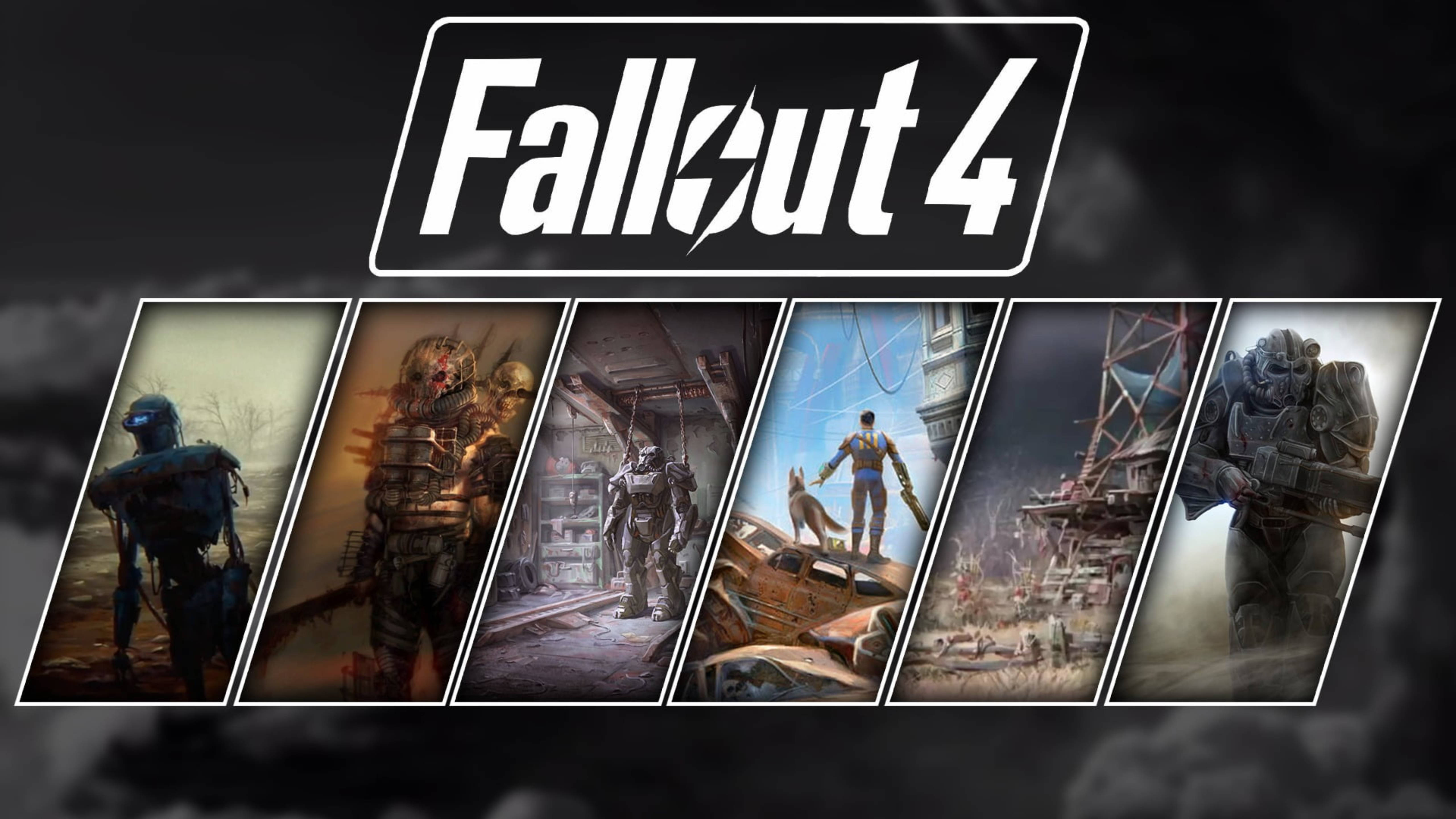 Fallout 4, game logo, six character art panels, 5K Desktop Wallpaper