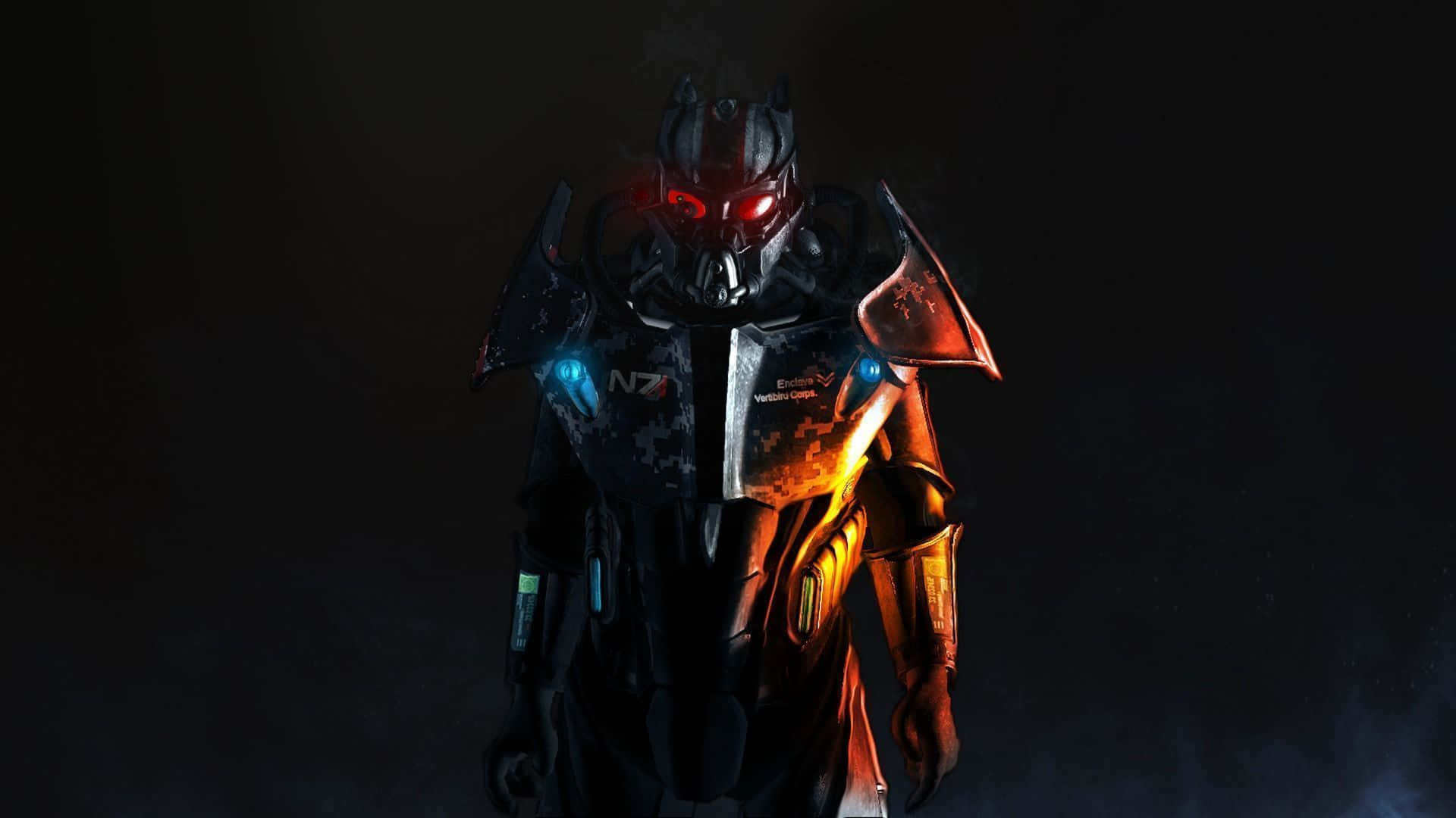 Fallout Enclave, glowing red eyes, blue accents, Full HD Desktop Wallpaper