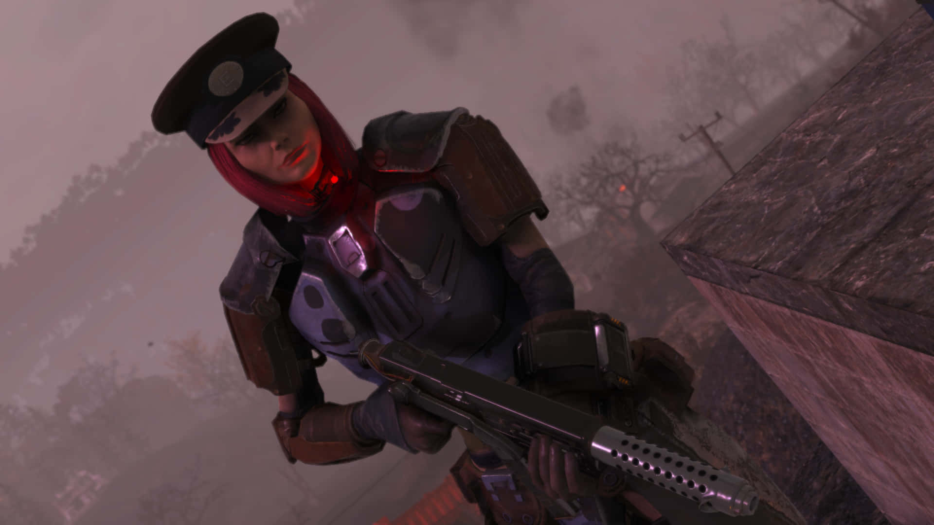 Fallout Enclave, futuristic gear, glowing red accents, Full HD Desktop Wallpaper