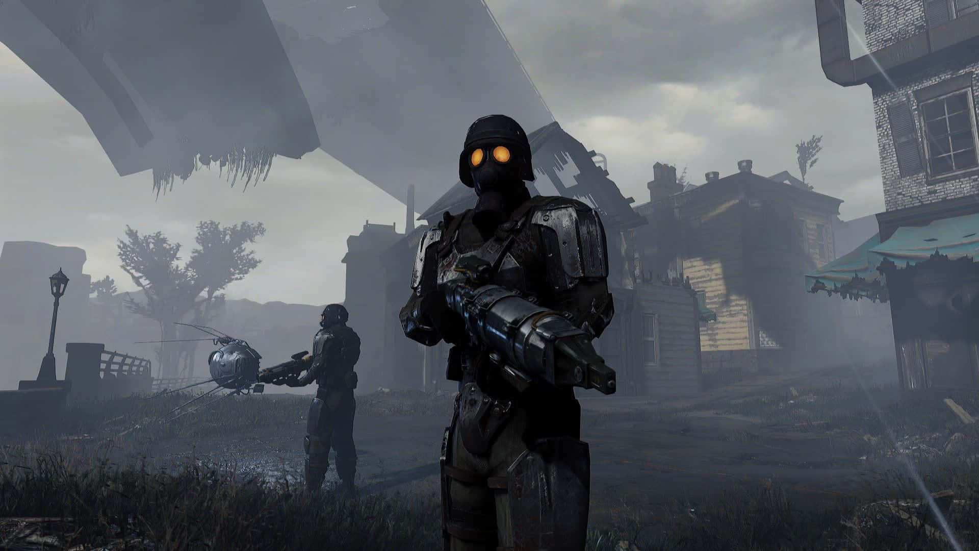 Fallout Enclave, glowing orange visors, ruined, foggy town, Full HD Desktop Wallpaper