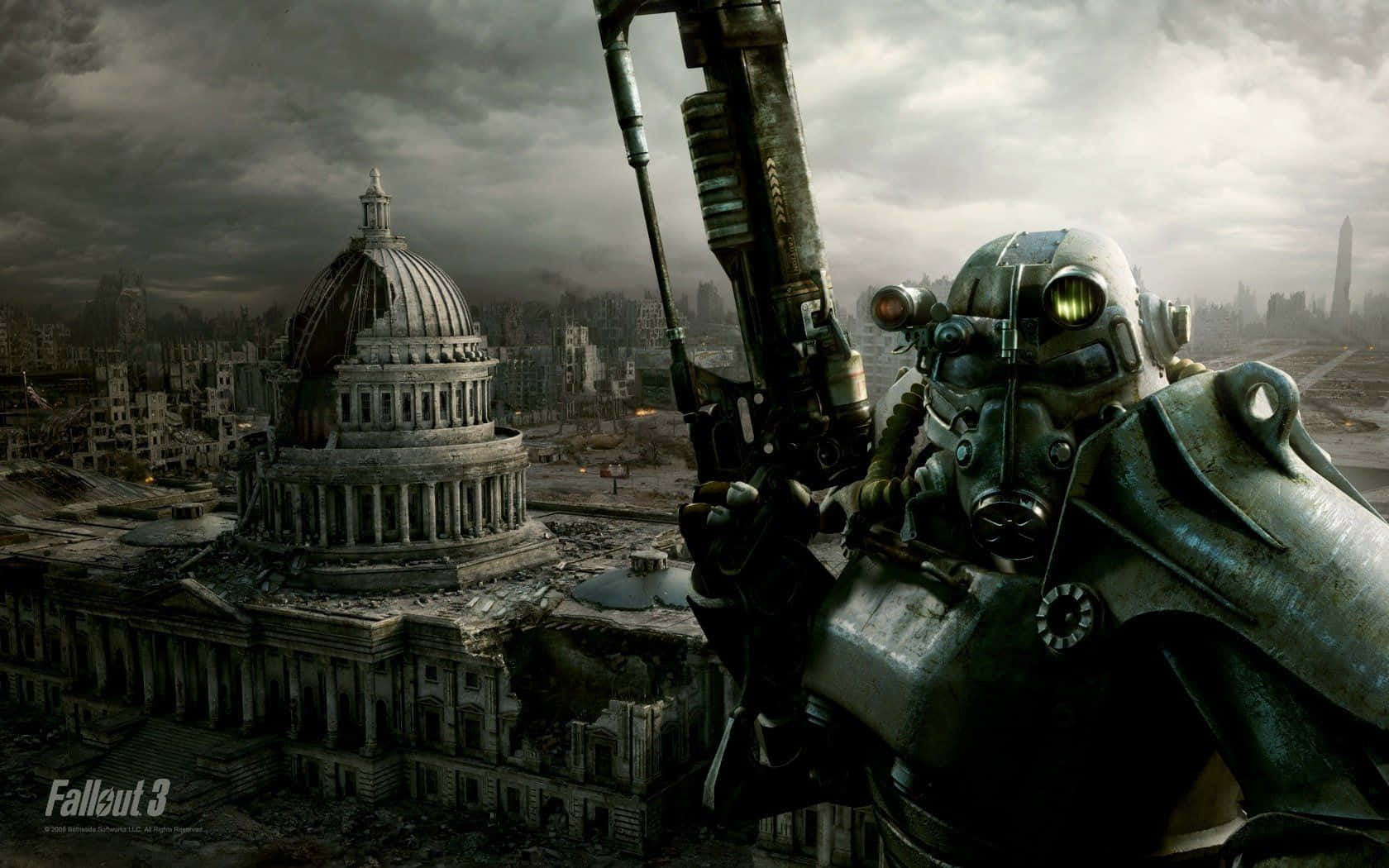 Fallout Enclave, power armor suit, ruined Capitol building, HD Desktop Wallpaper