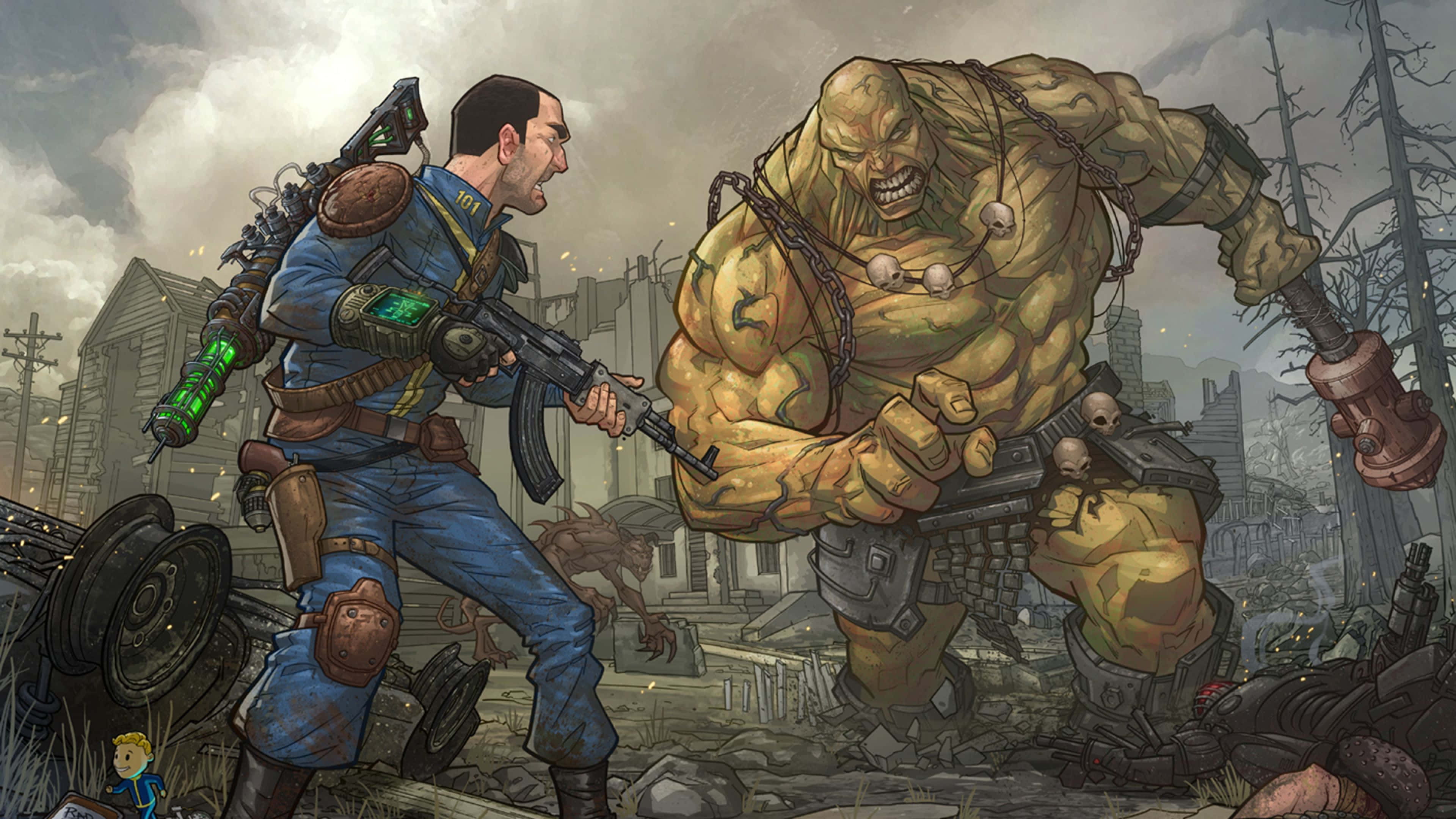 Fallout Enclave, blue gear, giant green brute, 4K Desktop Wallpaper