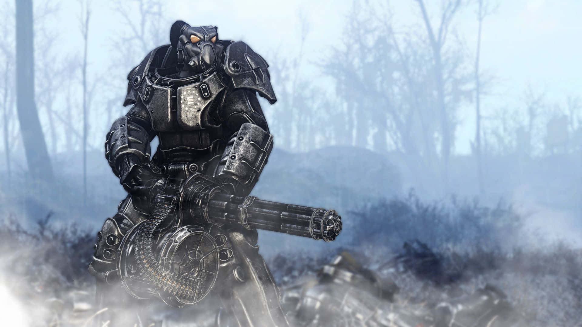Fallout Enclave, power armor, misty ruined forest, Full HD Desktop Wallpaper