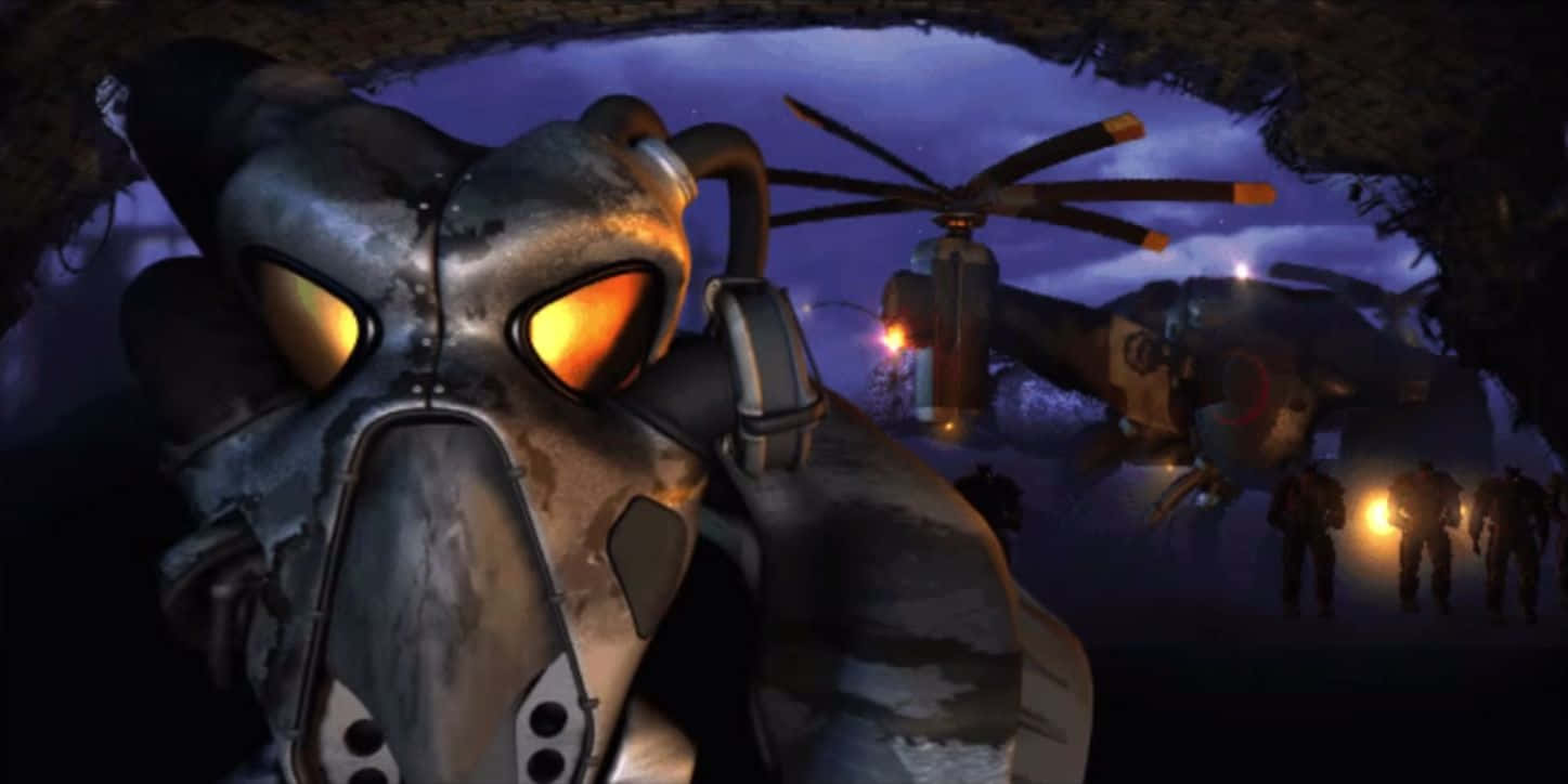 Fallout Enclave, glowing-eyed gas mask, dark cave, HD Desktop Wallpaper