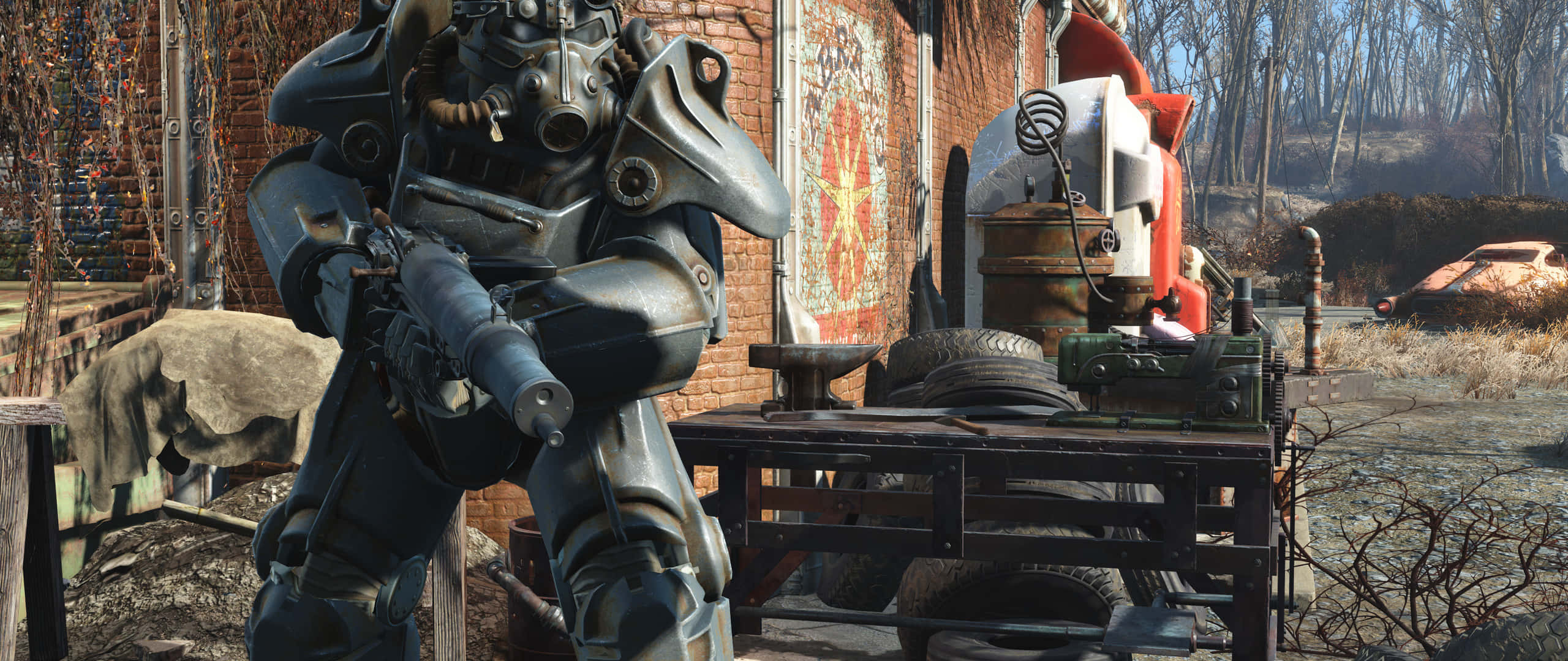 Fallout New Vegas, power armor, dilapidated post-apocalyptic workshop, 2K Desktop Wallpaper