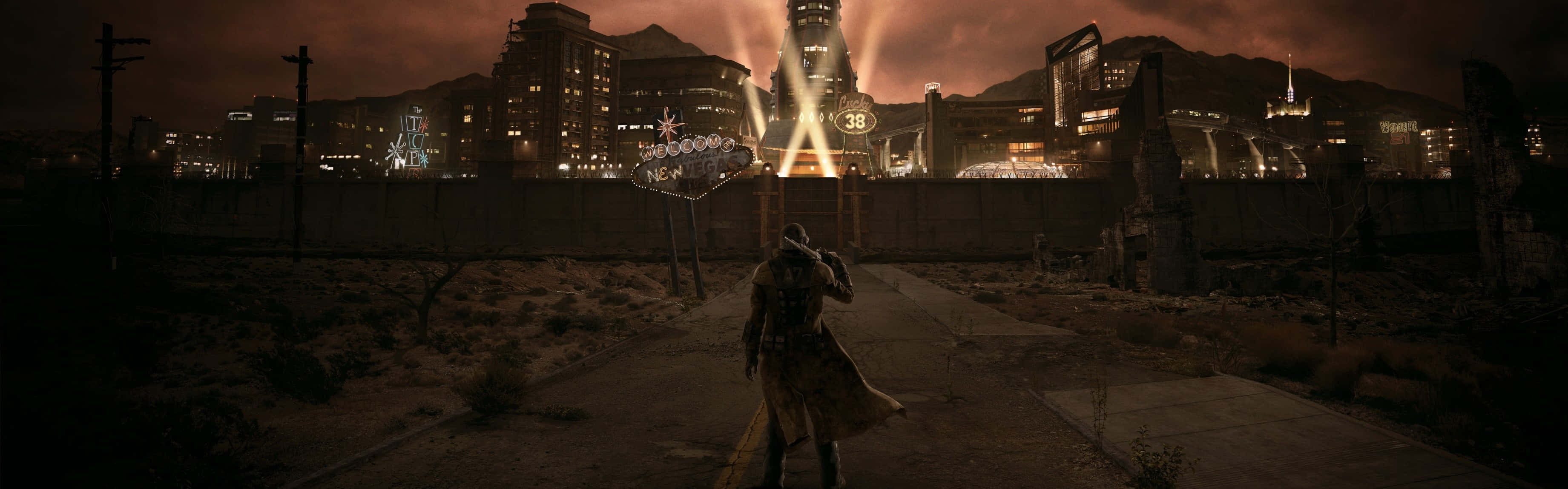 Fallout: New Vegas, trench coat, glowing futuristic cityscape, 2K Desktop Wallpaper