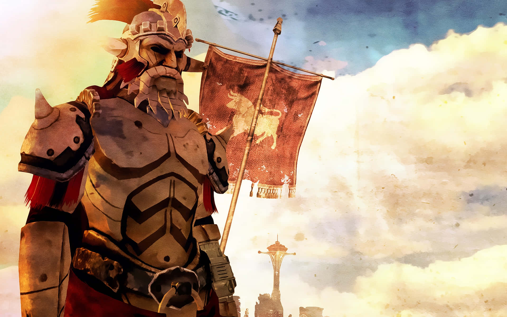 Fallout New Vegas, bull emblem flag, futuristic city skyline, Full HD Desktop Wallpaper