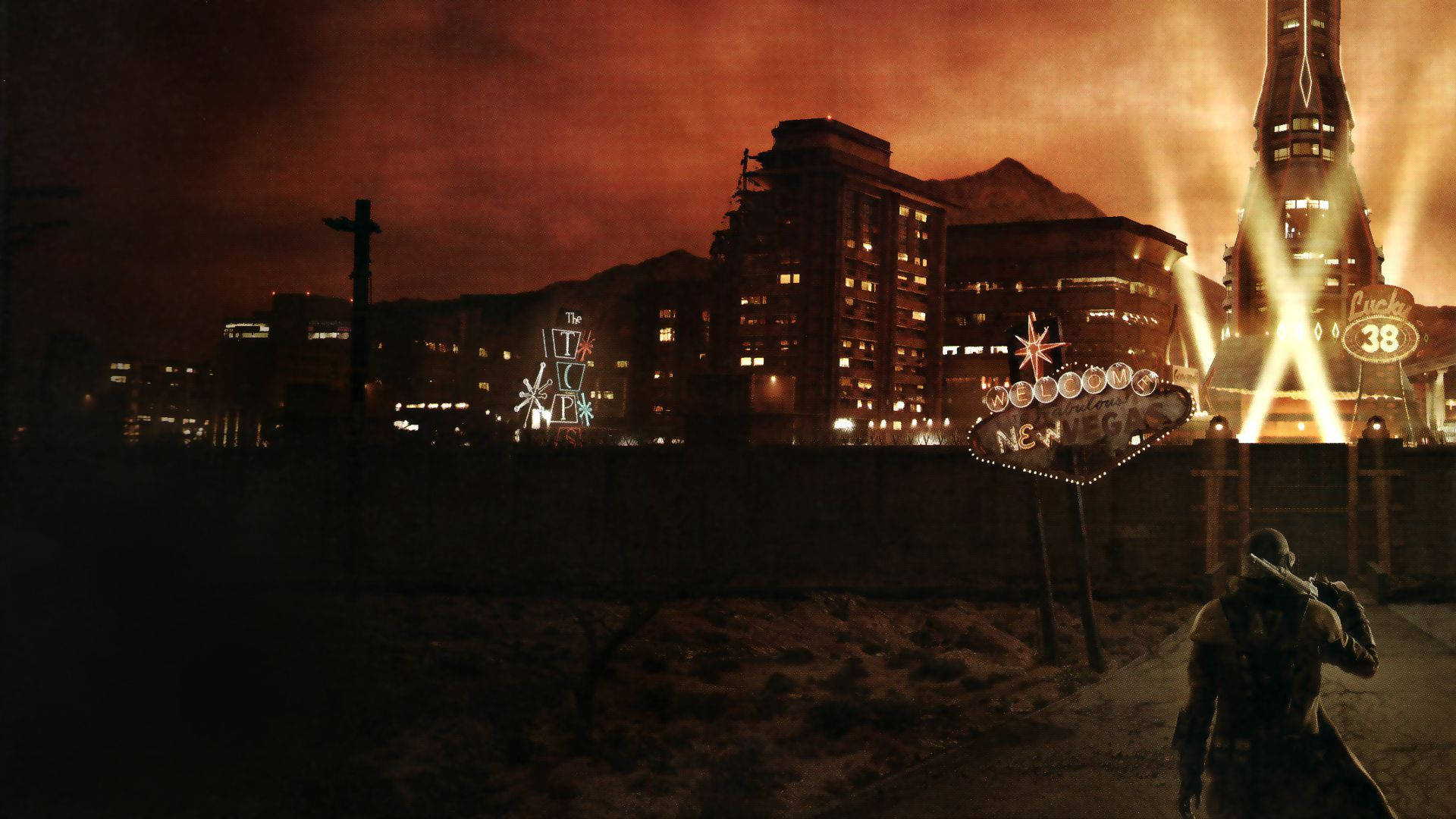 Fallout New Vegas, New Vegas sign, fiery orange night sky, Full HD Desktop Wallpaper