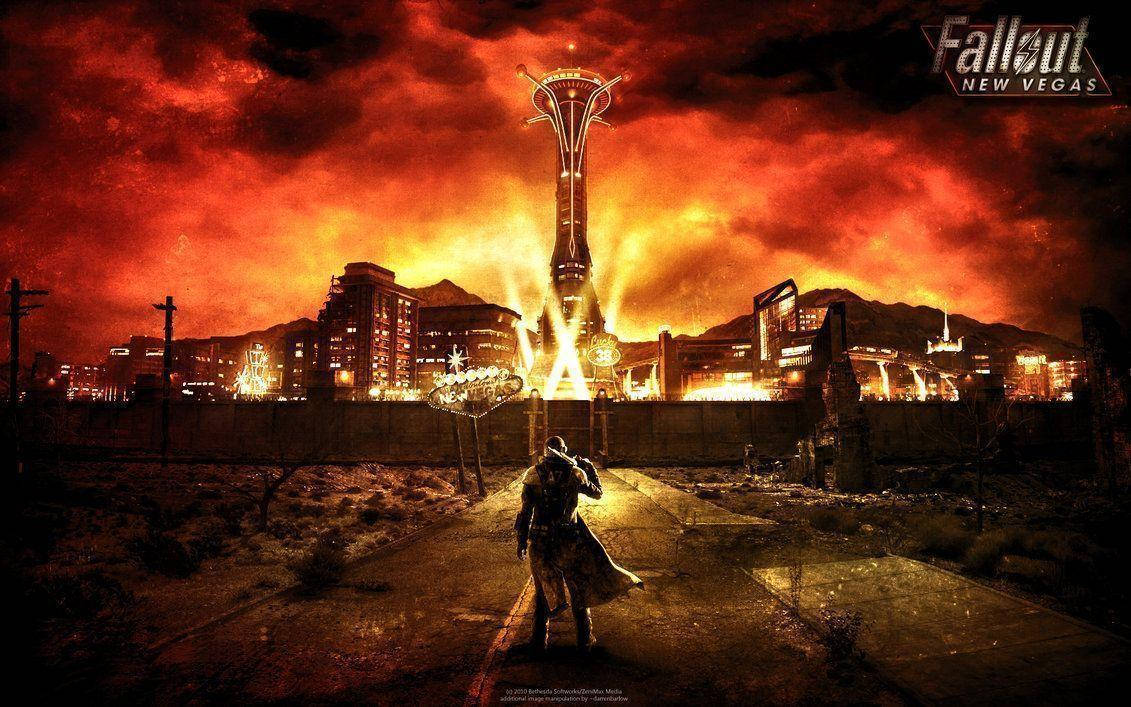 Fallout New Vegas, New Vegas, glowing ruined Vegas skyline, SD Desktop Wallpaper