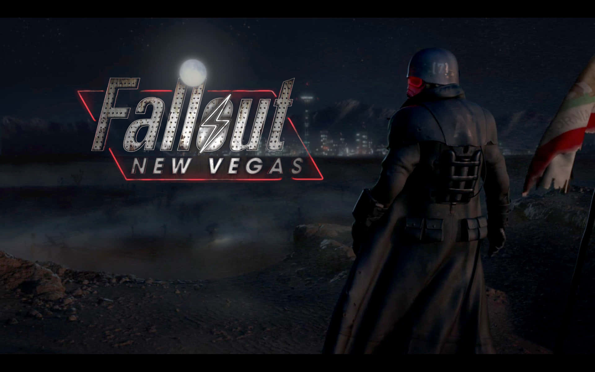 Fallout New Vegas, lone armored figure, ruined desert skyline, Full HD Desktop Wallpaper