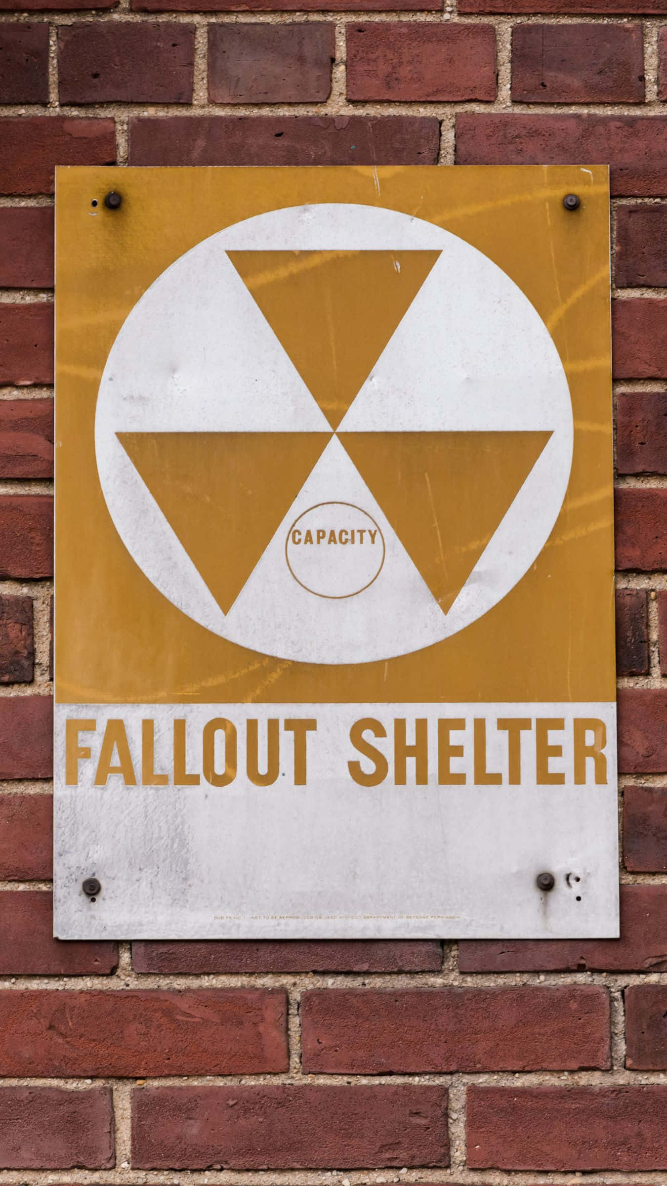 Fallout Shelter, radiation symbol, red brick wall, Full HD Phone Wallpaper