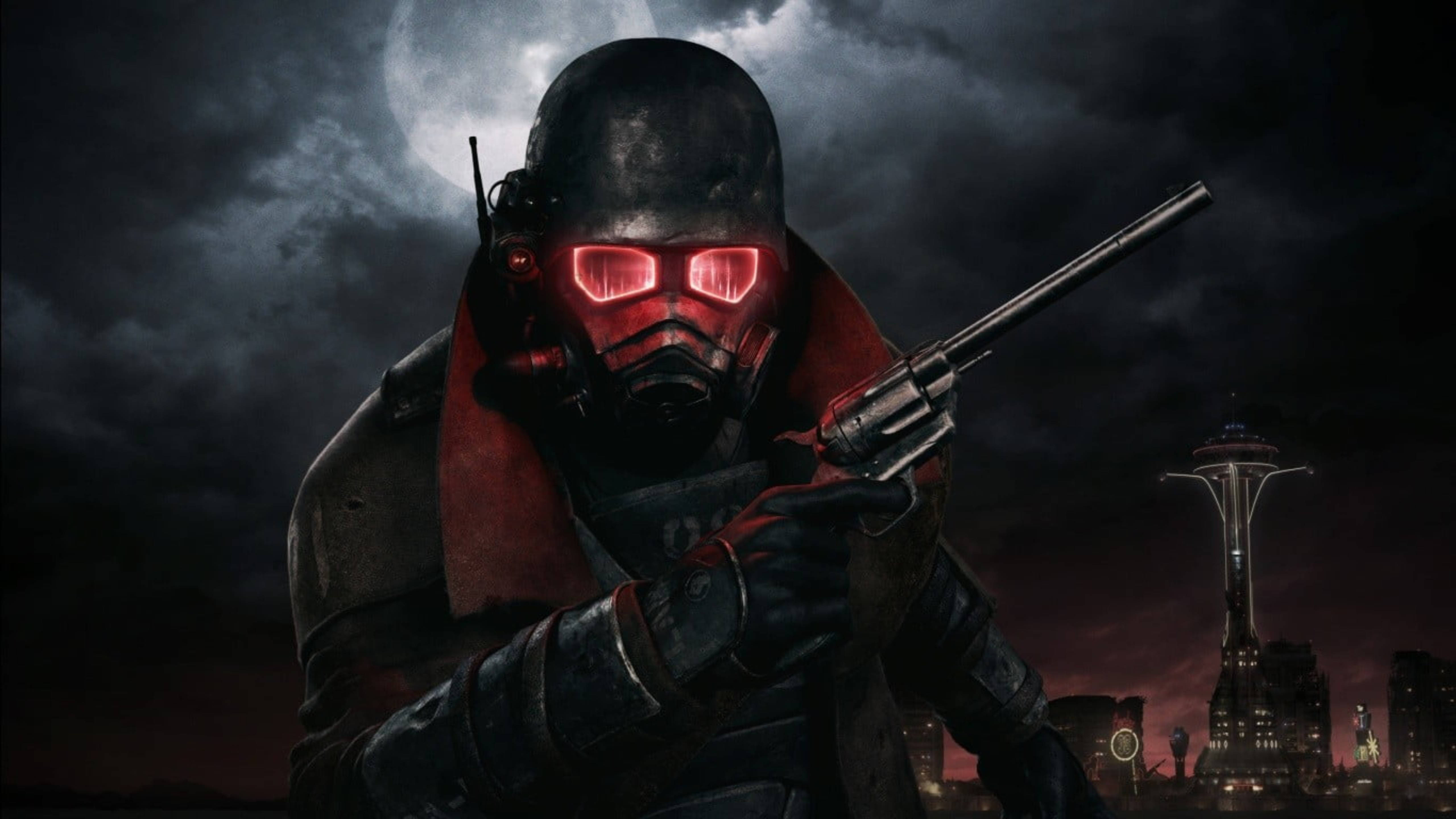 Fallout 4, masked figure, glowing red eyes, 5K Desktop Wallpaper