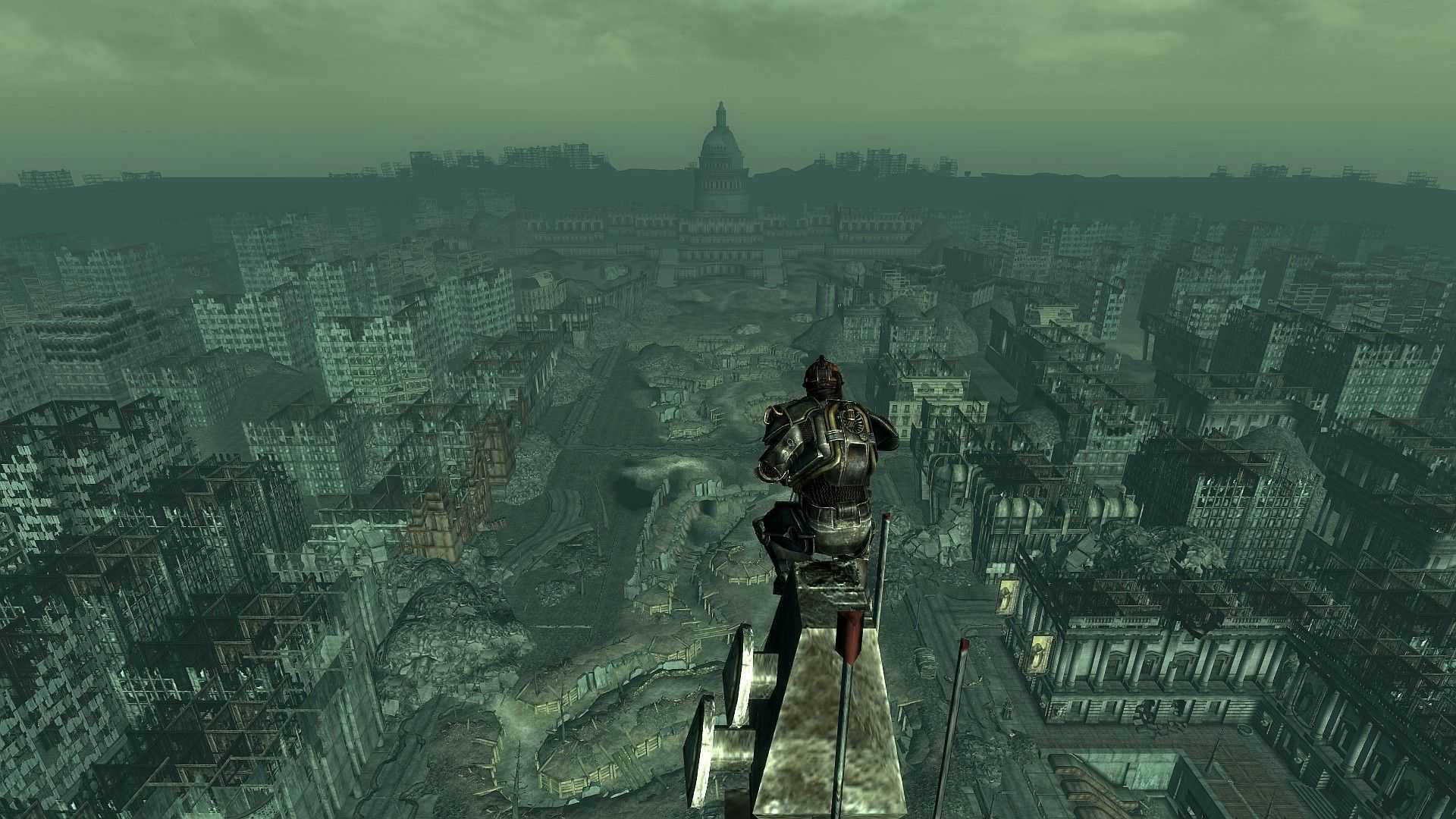 Fallout, armored figure, ruined skyscraper, Full HD Desktop Wallpaper
