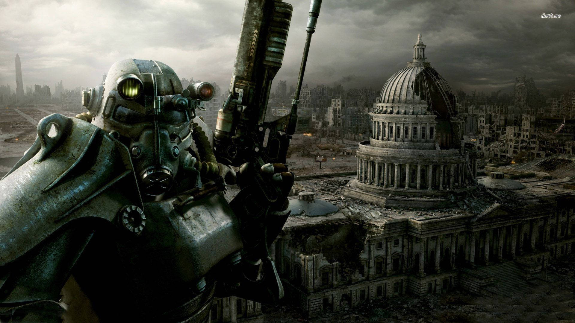 Fallout soldier, power armor, ruined cityscape, Full HD Desktop Wallpaper