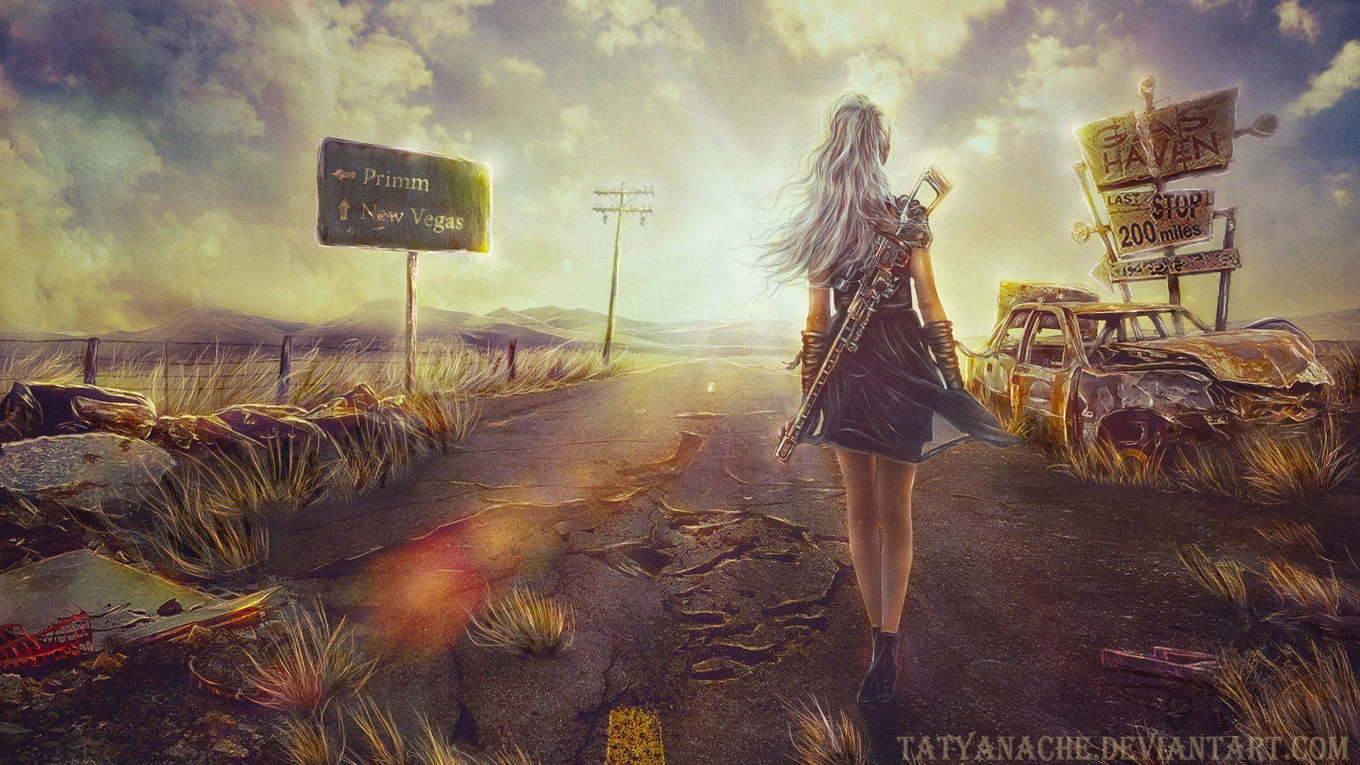 woman, cracked desert road, rusted car, Full HD Desktop Wallpaper