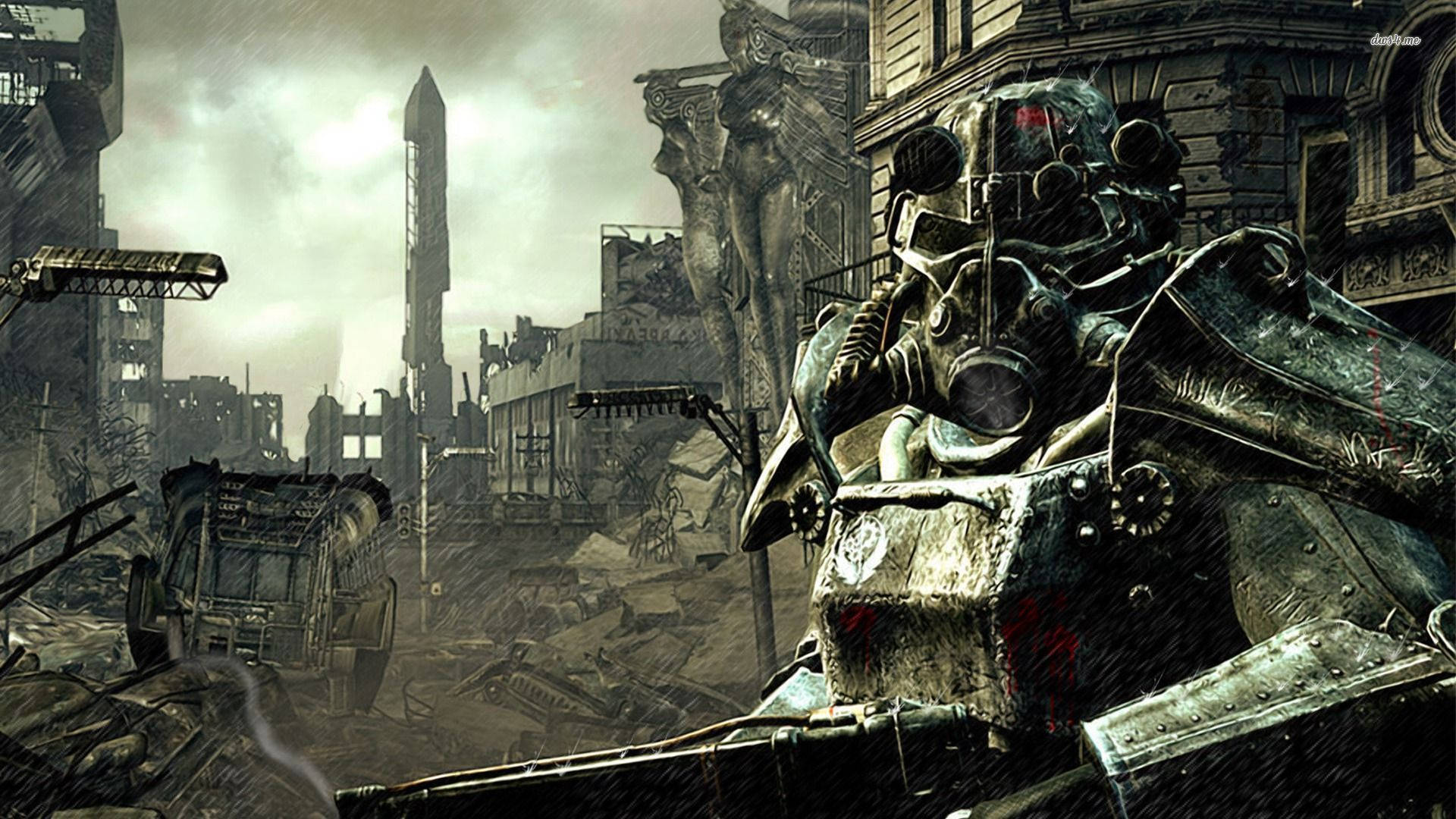 Fallout 3, power armor suit, ruined cityscape, Full HD Desktop Wallpaper
