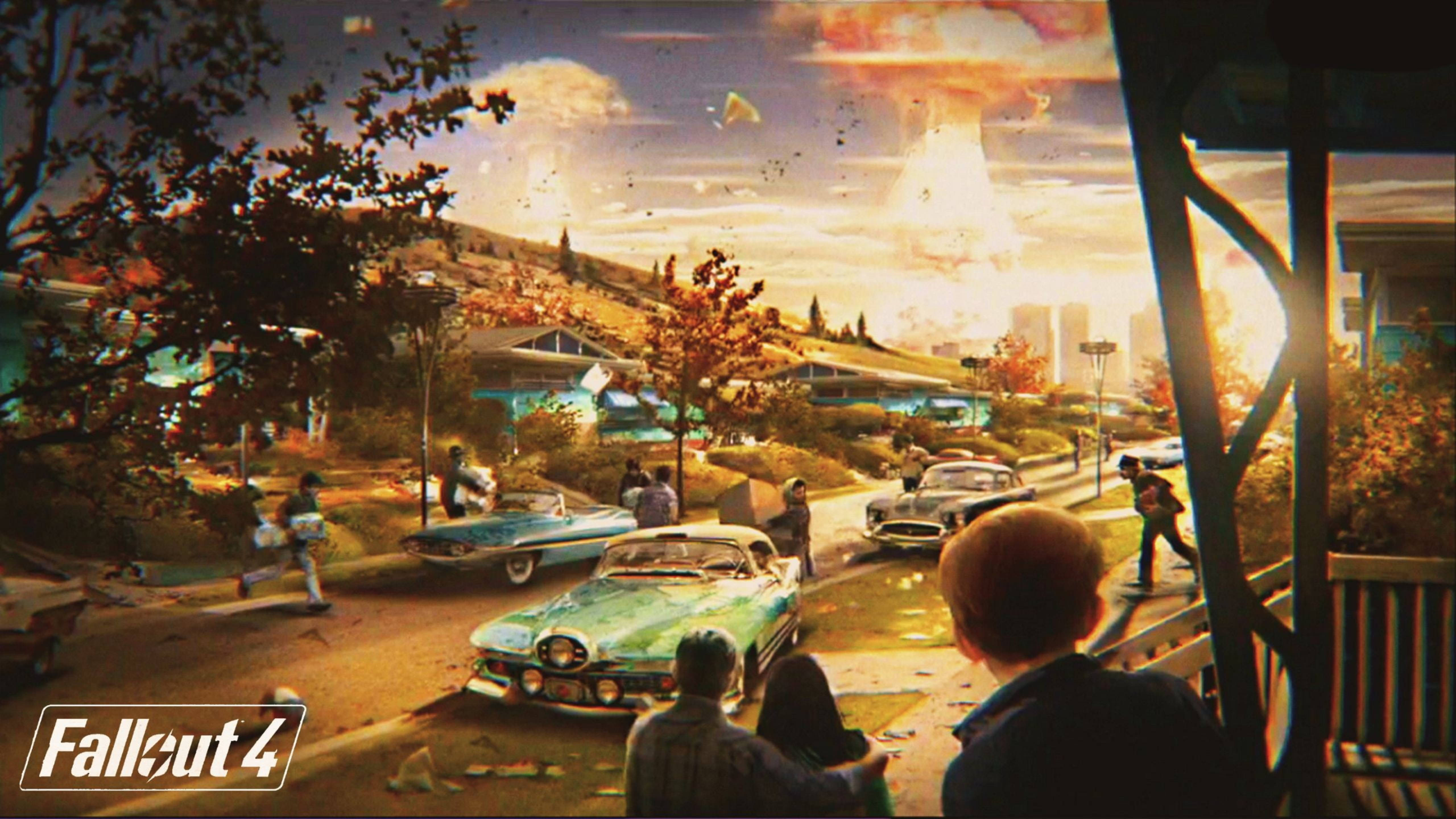 Fallout 4, nuclear explosion, ruined suburban neighborhood, 5K Desktop Wallpaper