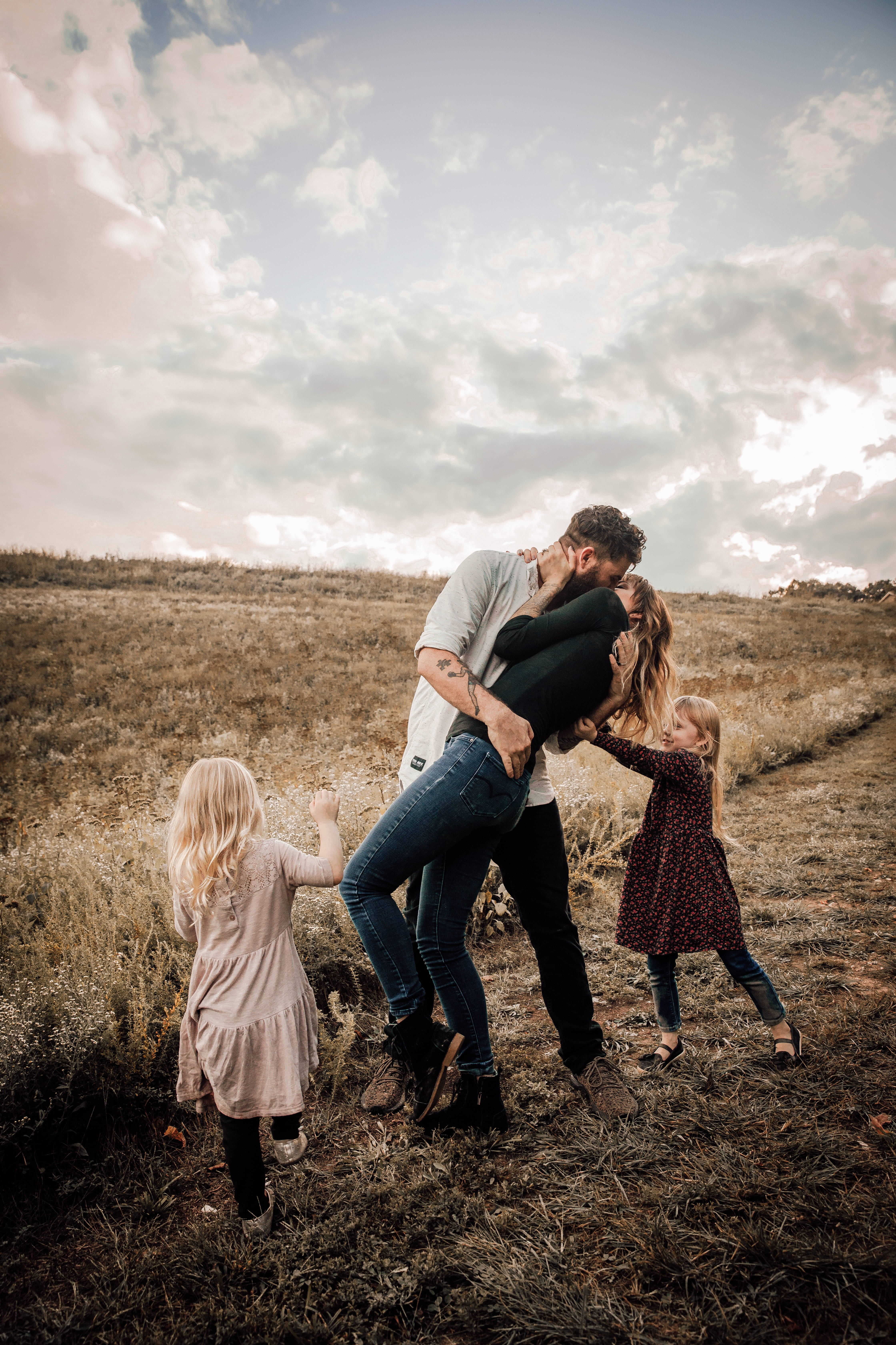 Family Aesthetic, golden field, soft cloudy sky, 5K Phone Wallpaper