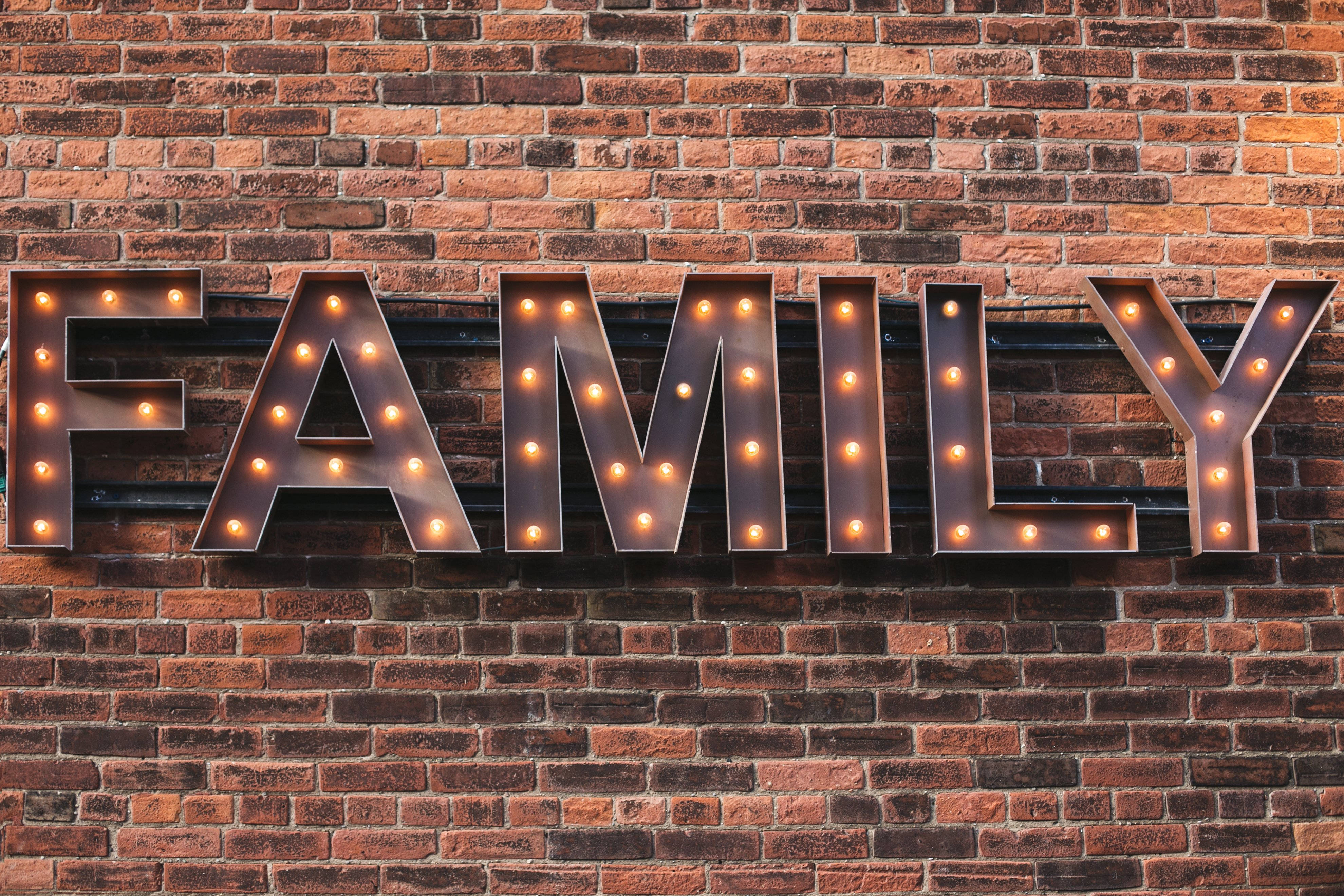 FAMILY, vintage marquee lights, rustic red brick wall, 4K Desktop Wallpaper