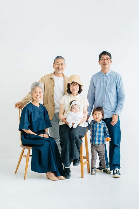Family Portrait, multi-generational Japanese family, bright studio portrait, SD Phone Wallpaper