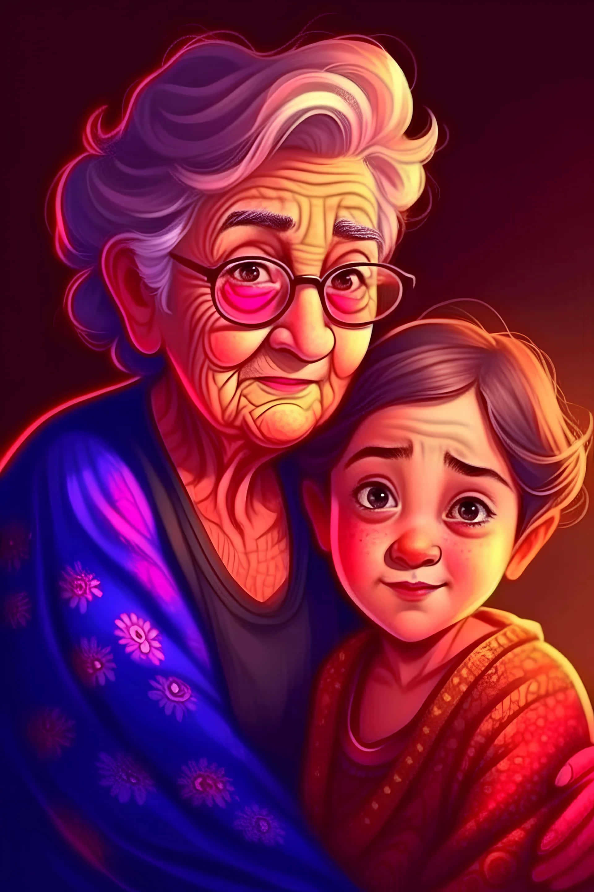 grandmother, grandchild, purple hair, 2K Phone Wallpaper