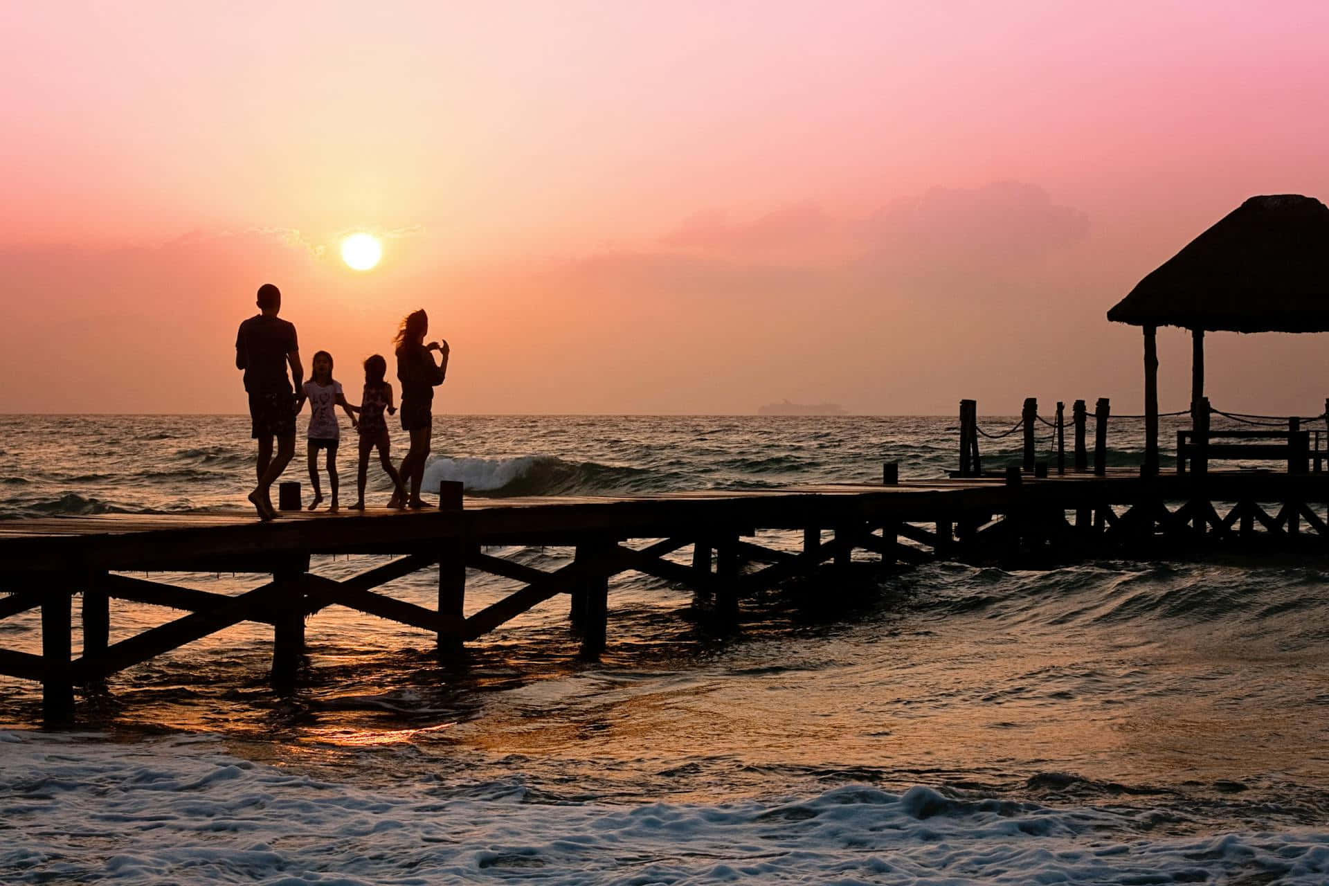 Family Aesthetic, sunset, beach pier, Full HD Desktop Wallpaper