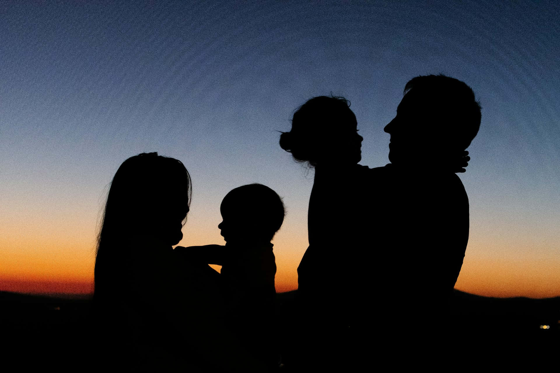 family of four, silhouettes, twilight sky, Full HD Desktop Wallpaper
