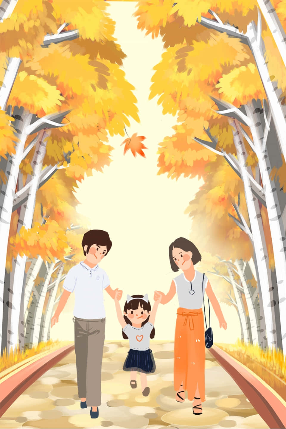 autumn family walk, family of three, golden autumn trees, HD Phone Wallpaper