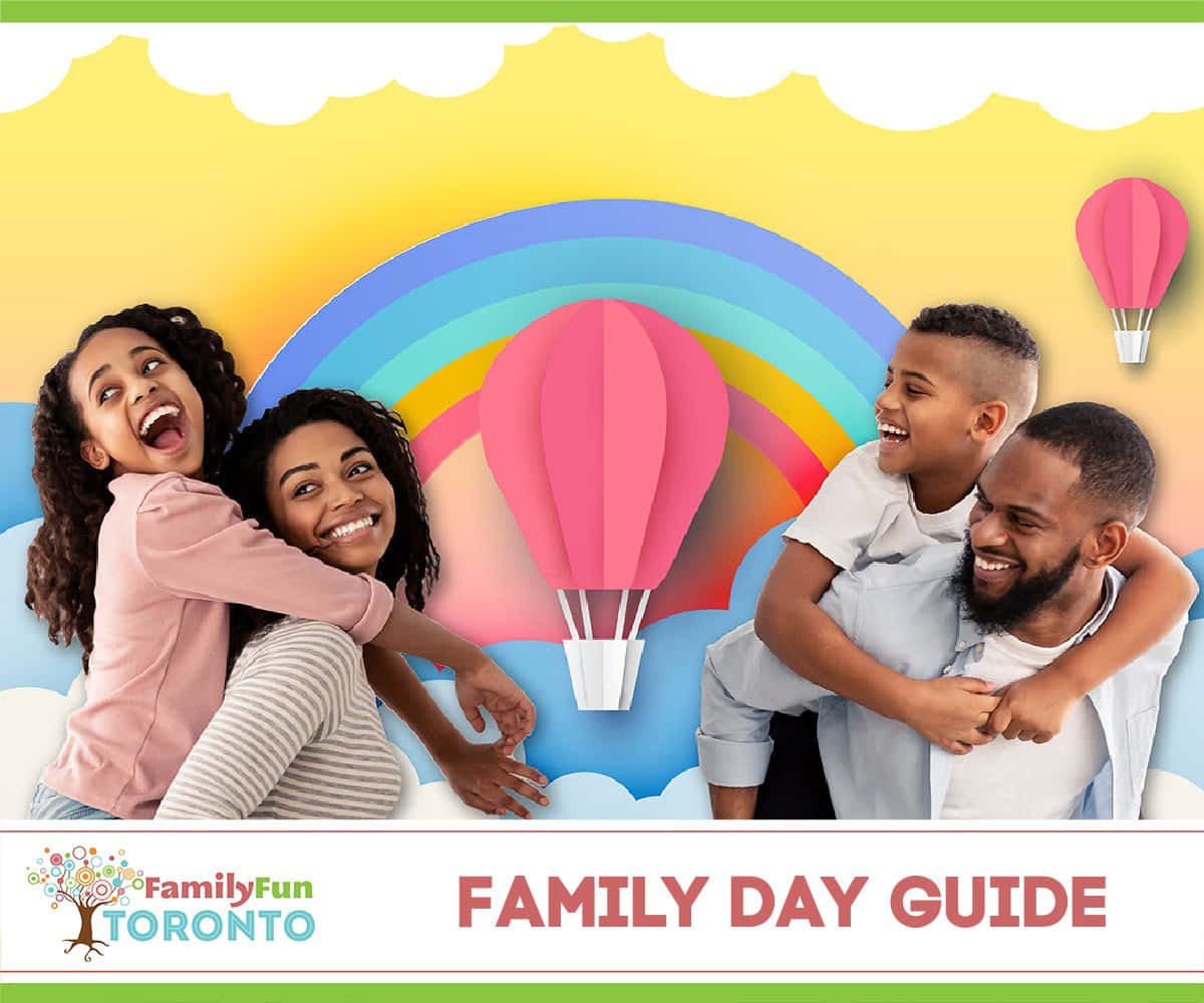 family, rainbow sky, paper hot air balloons, SD Desktop Wallpaper
