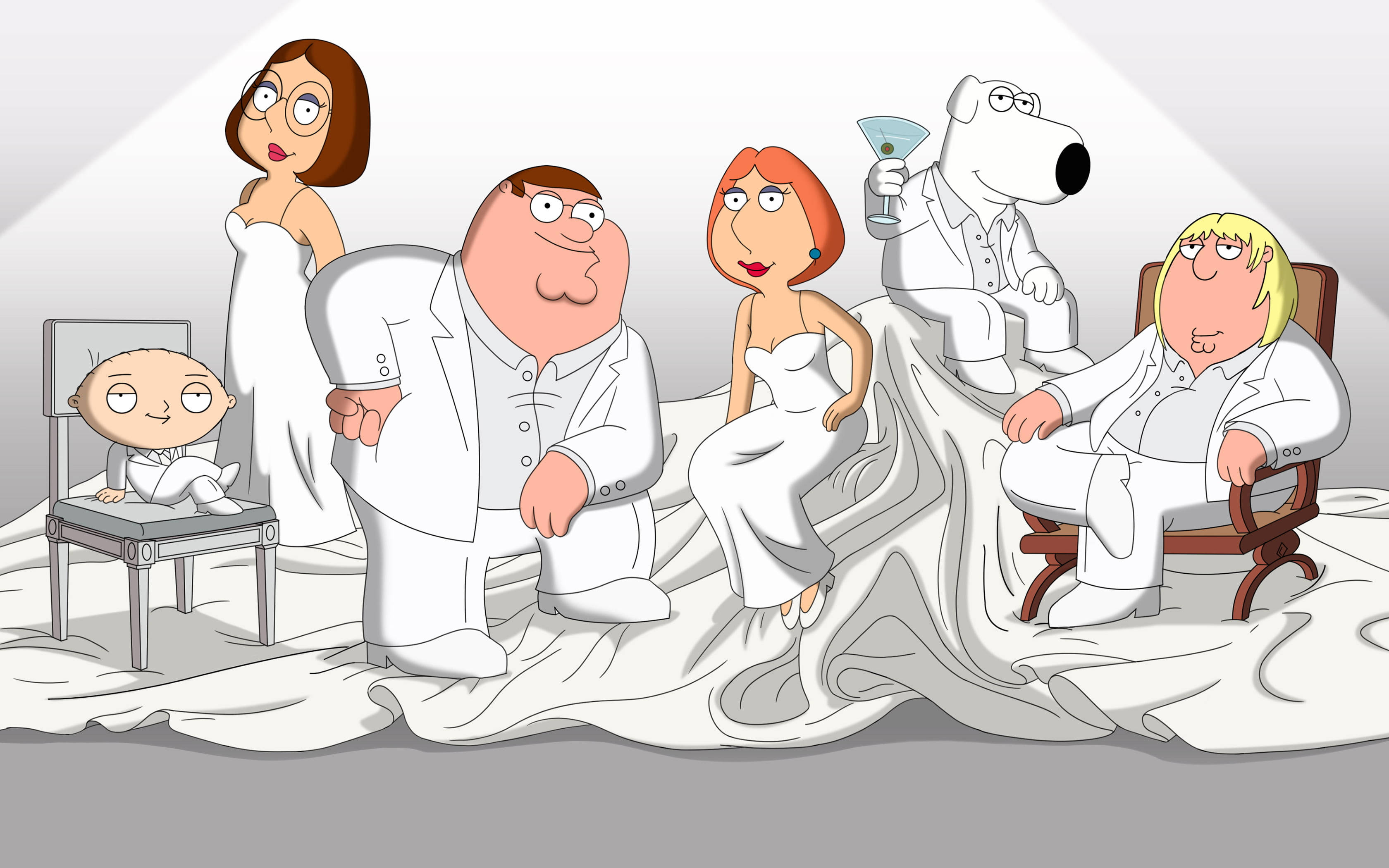 Family Guy, white draped stage, spotlight, 2K Desktop Wallpaper
